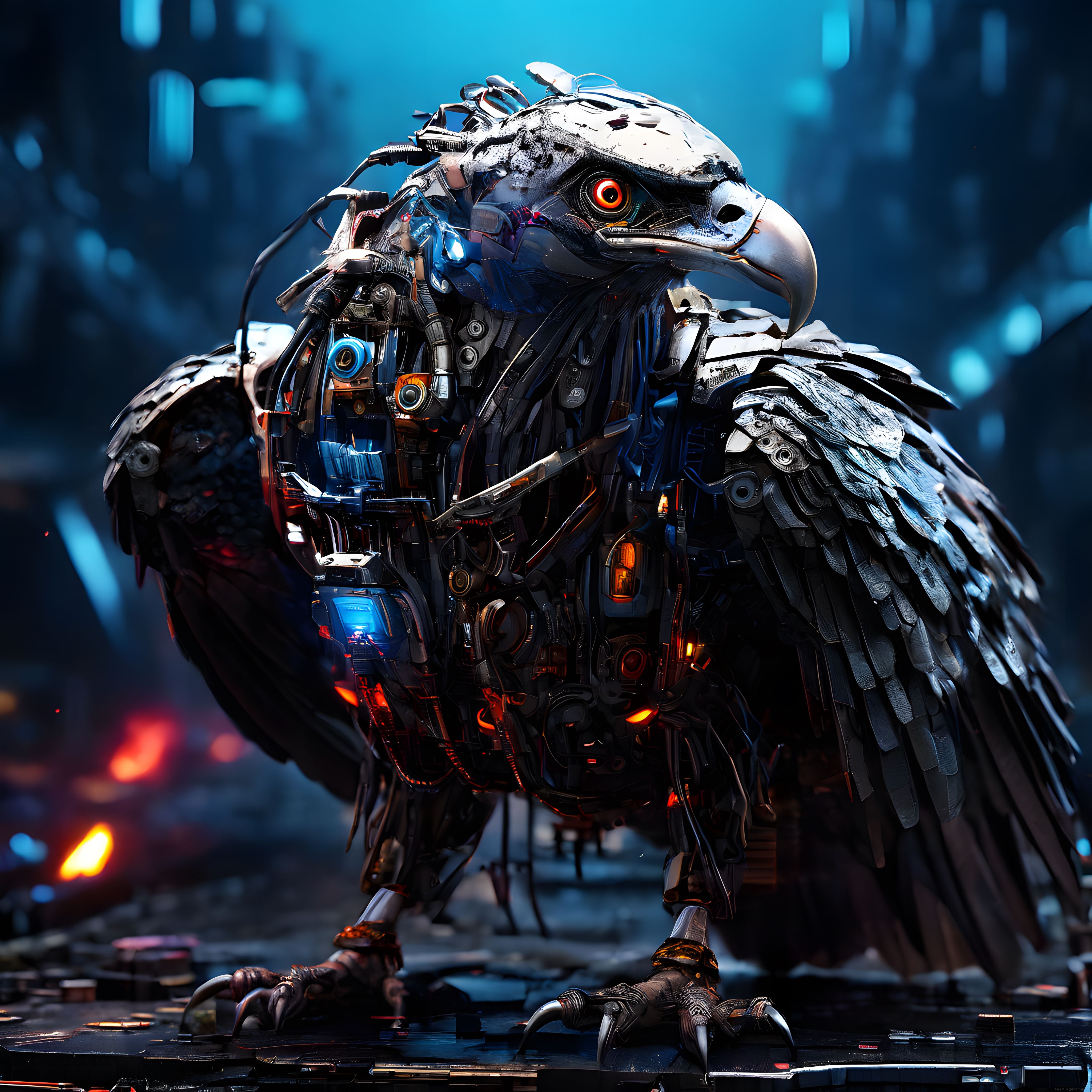 Neon Işıklı Devasa Mekanik Kartal: Geleceğin Cyberpunk Dijital Sanatı
