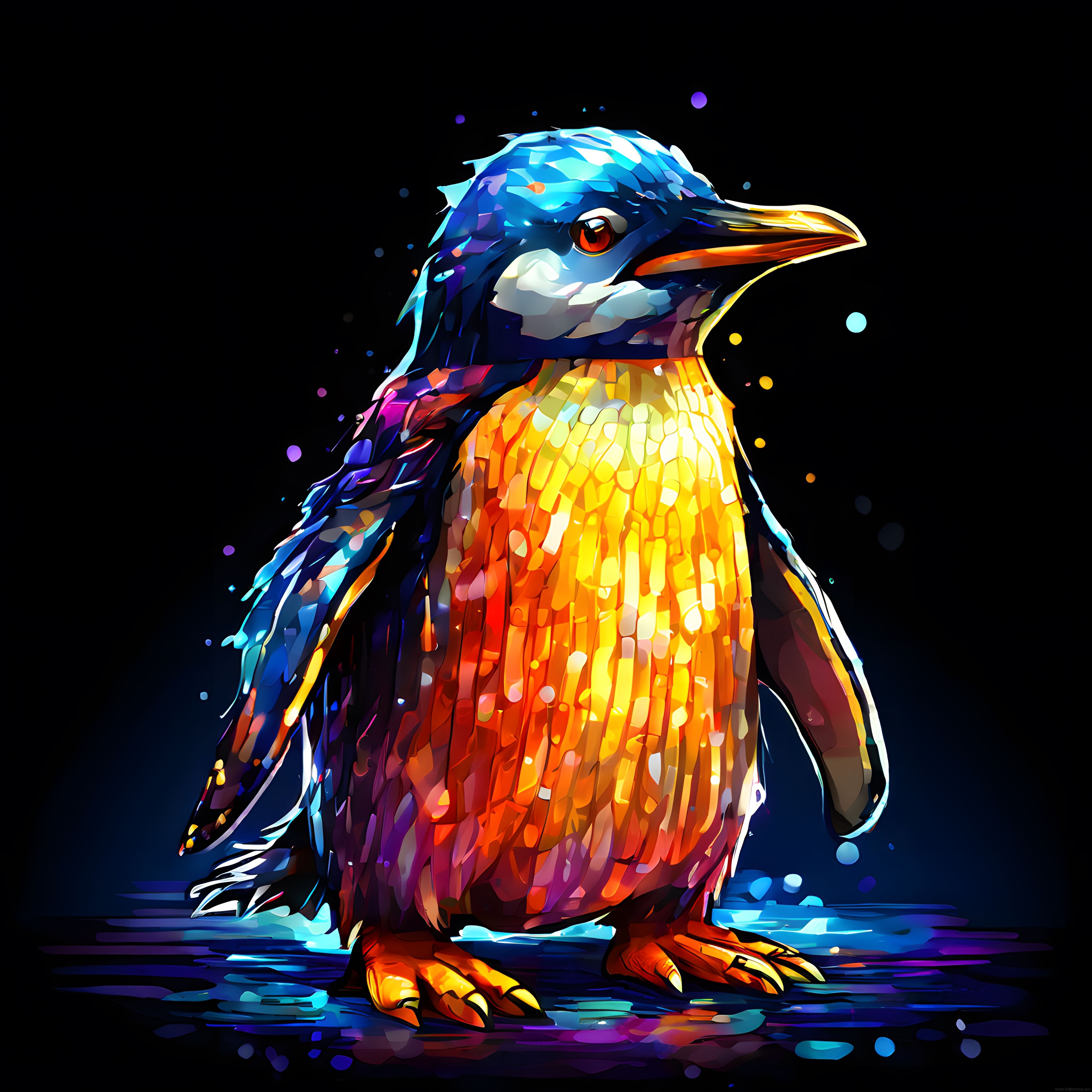 Neon Işıklı Dijital Penguen İllüstrasyonu ve Karanlık Zeminde Renkli Sanat
