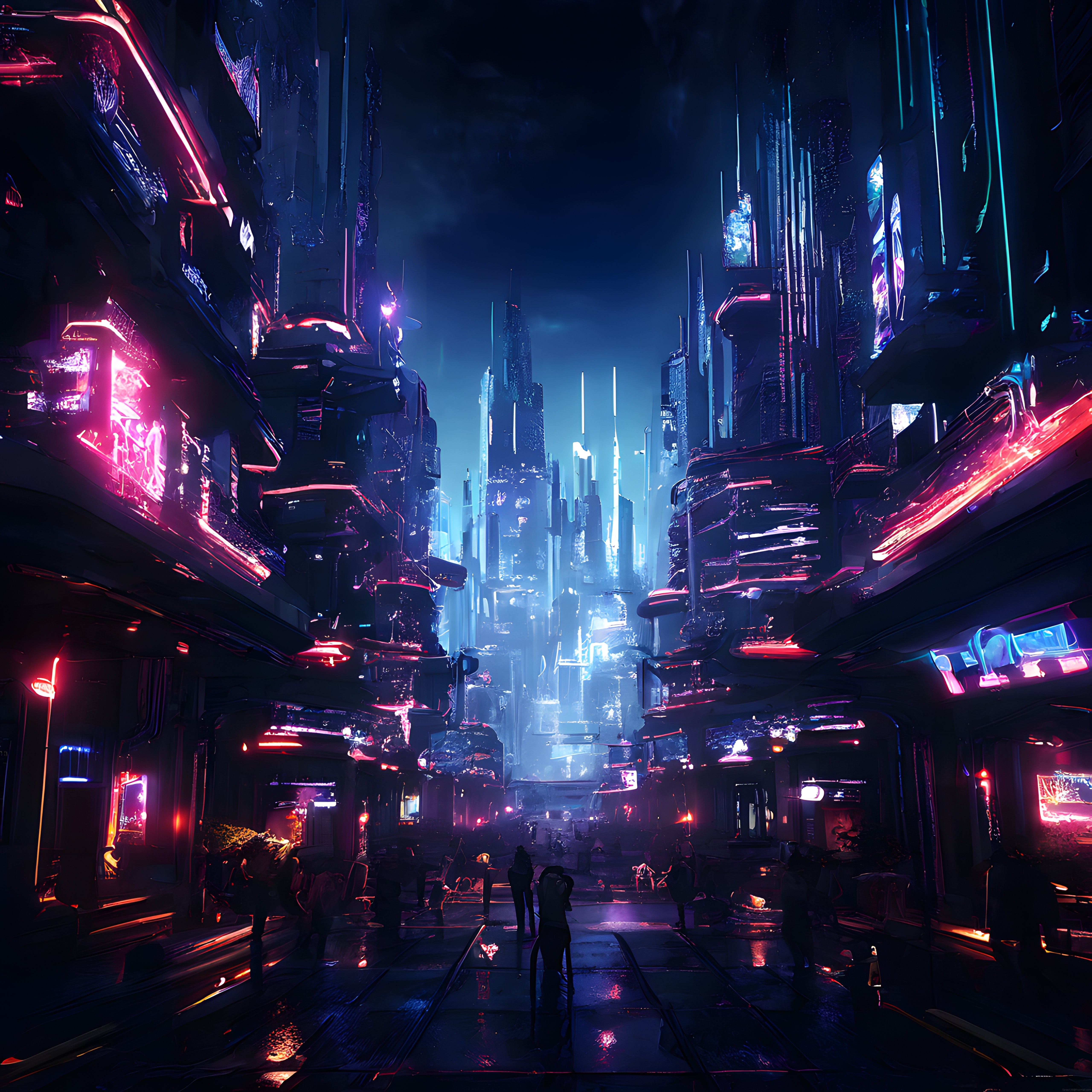 Neon ışıklı distopik gelecek şehrinin büyüleyici cyberpunk manzarası