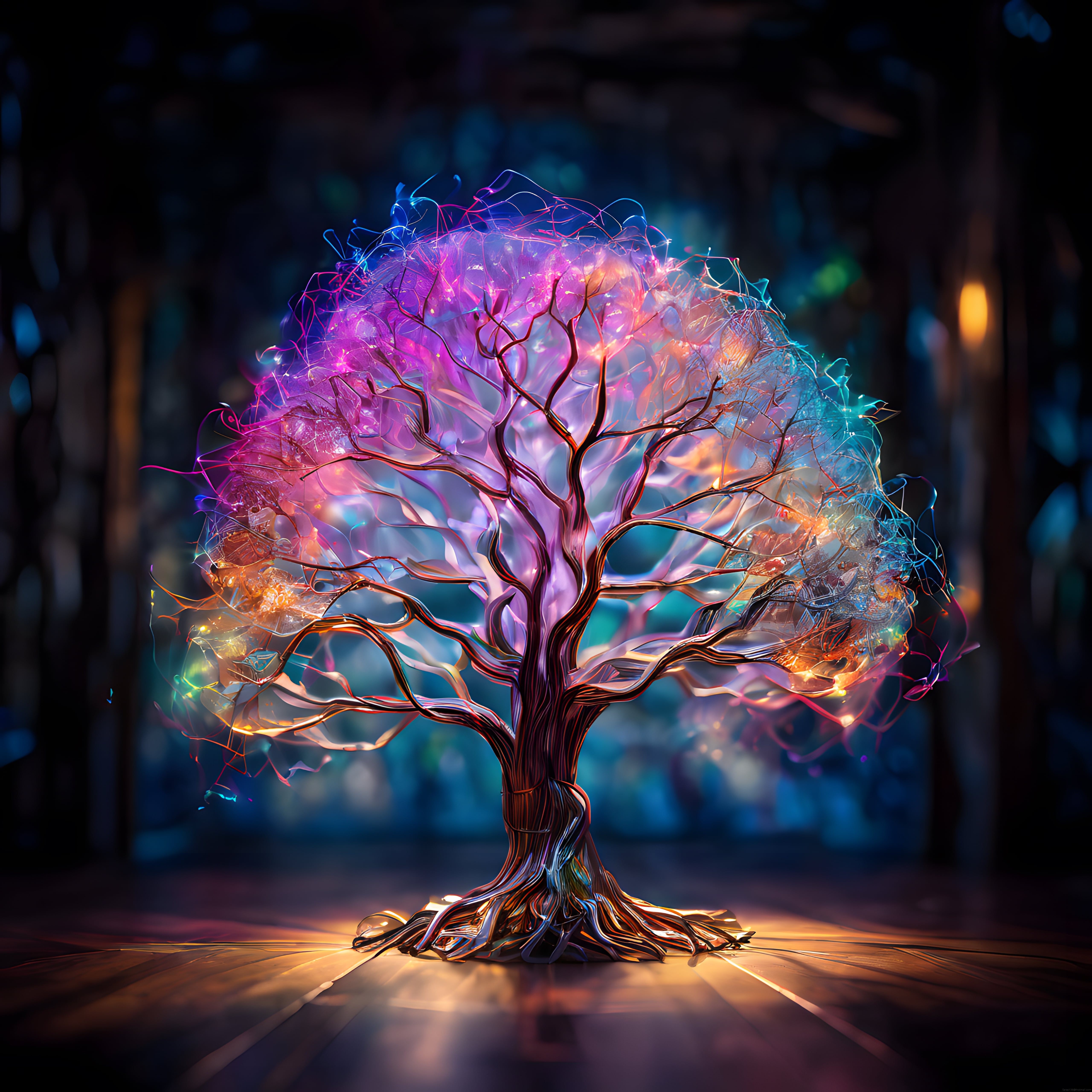 Neon Işıklı Fantastik Ağaç ile Büyüleyici Dijital Sanat Eseri