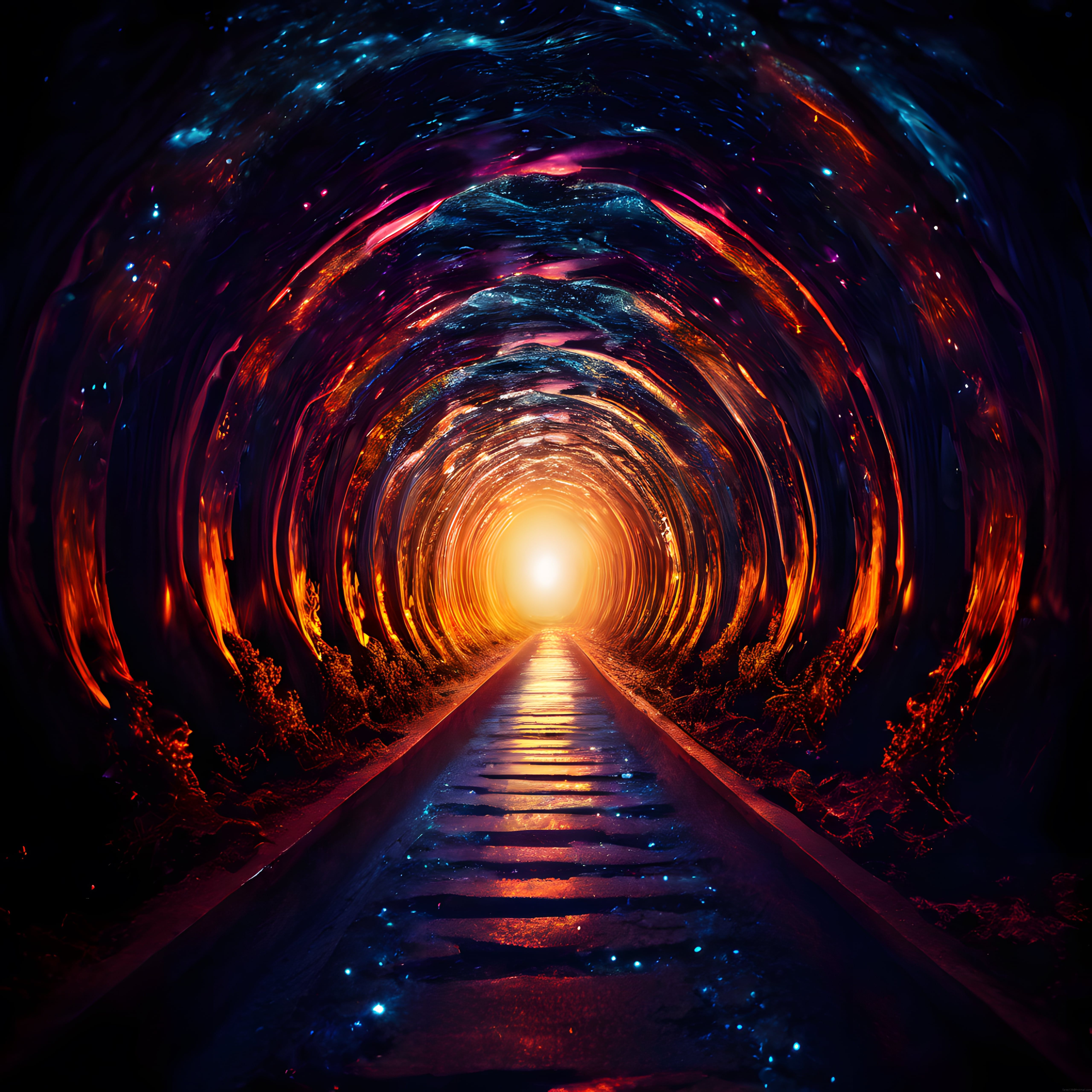 neon ışıklı fantastik portal tünel ve parlak sonuştaki demiryolu rayları