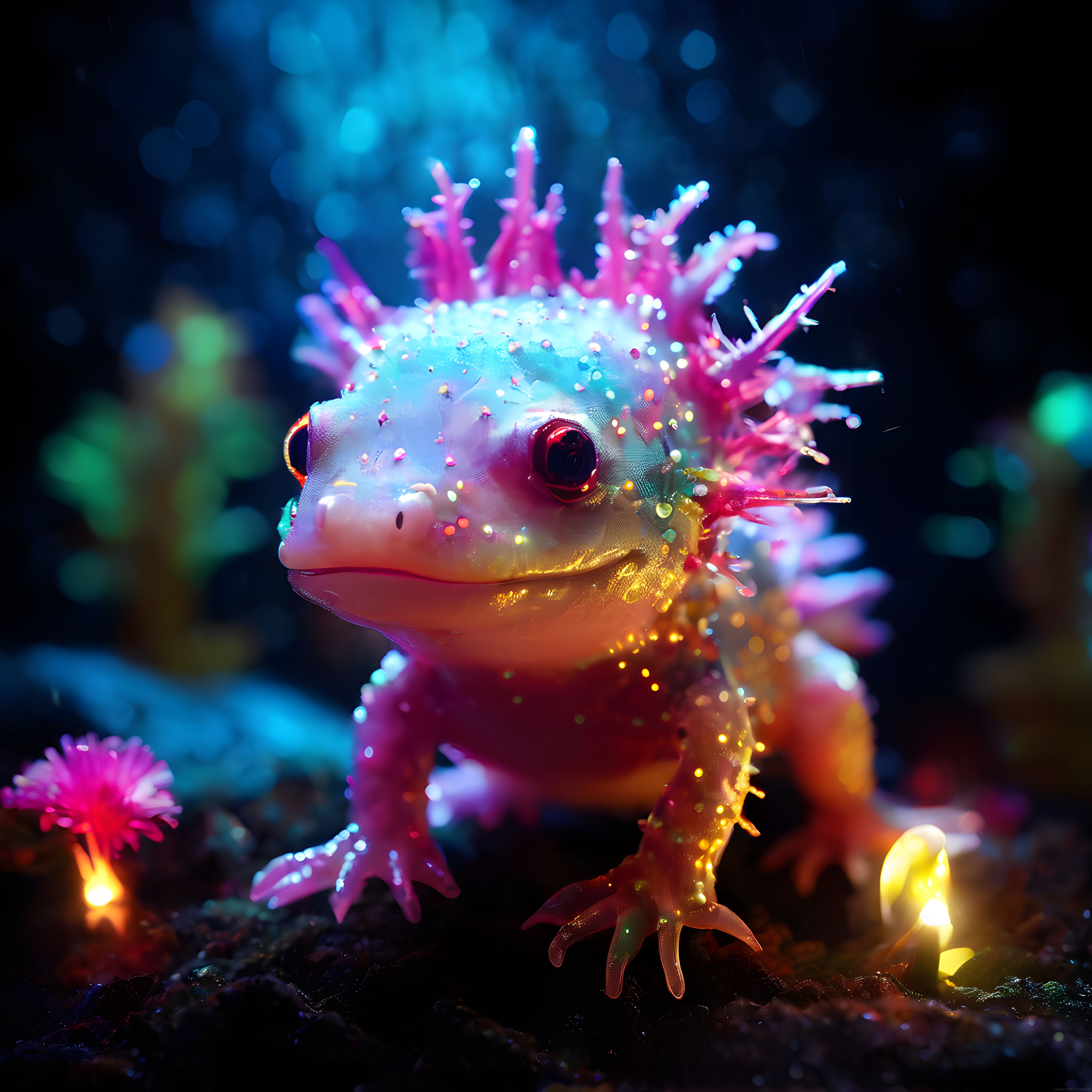 Neon ışıklı fantastik su altı yaratığı ve biyolüminesan mercan benzeri detaylar