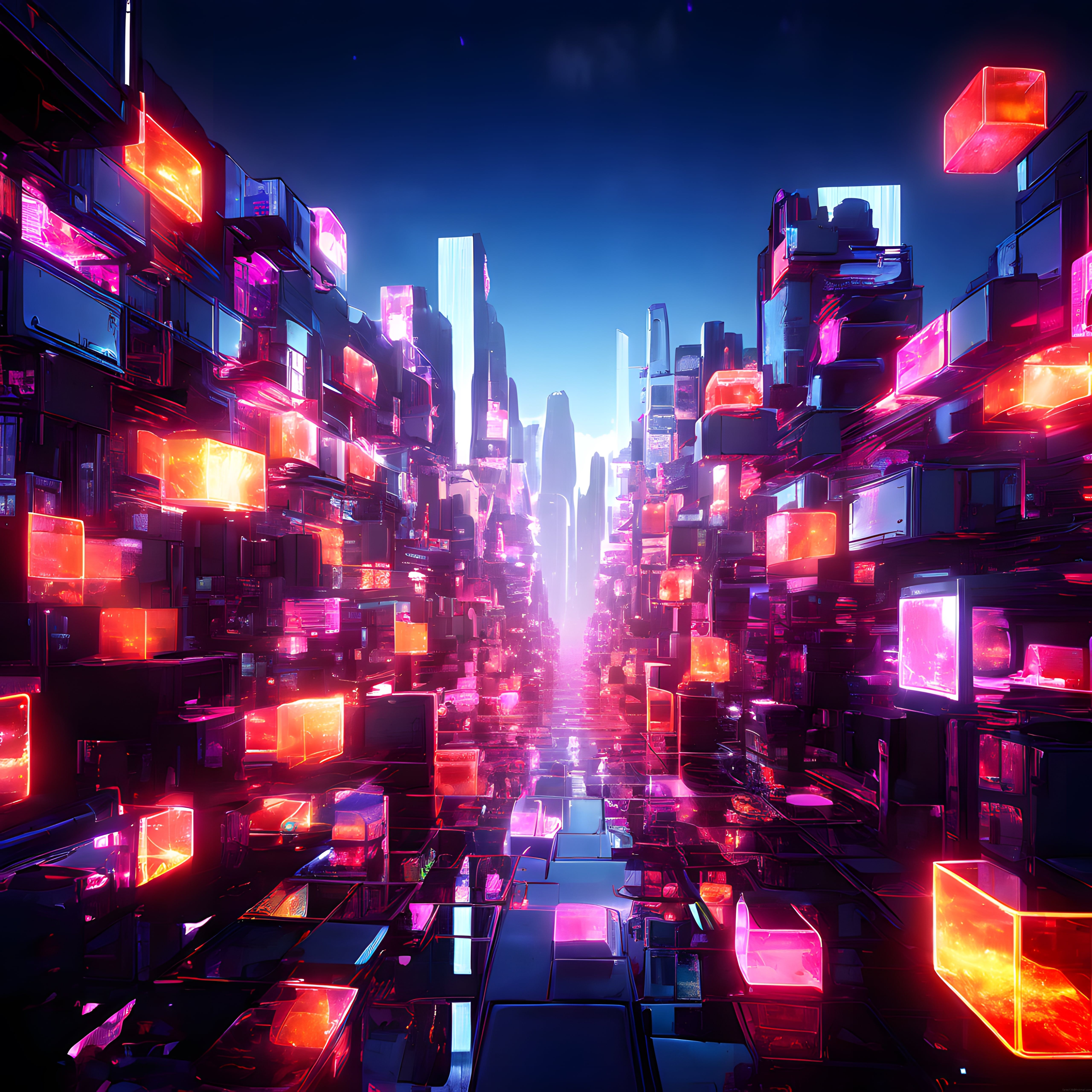Neon Işıklı Fütüristik Cyberpunk Metropol ve Dijital Şehir Manzarası