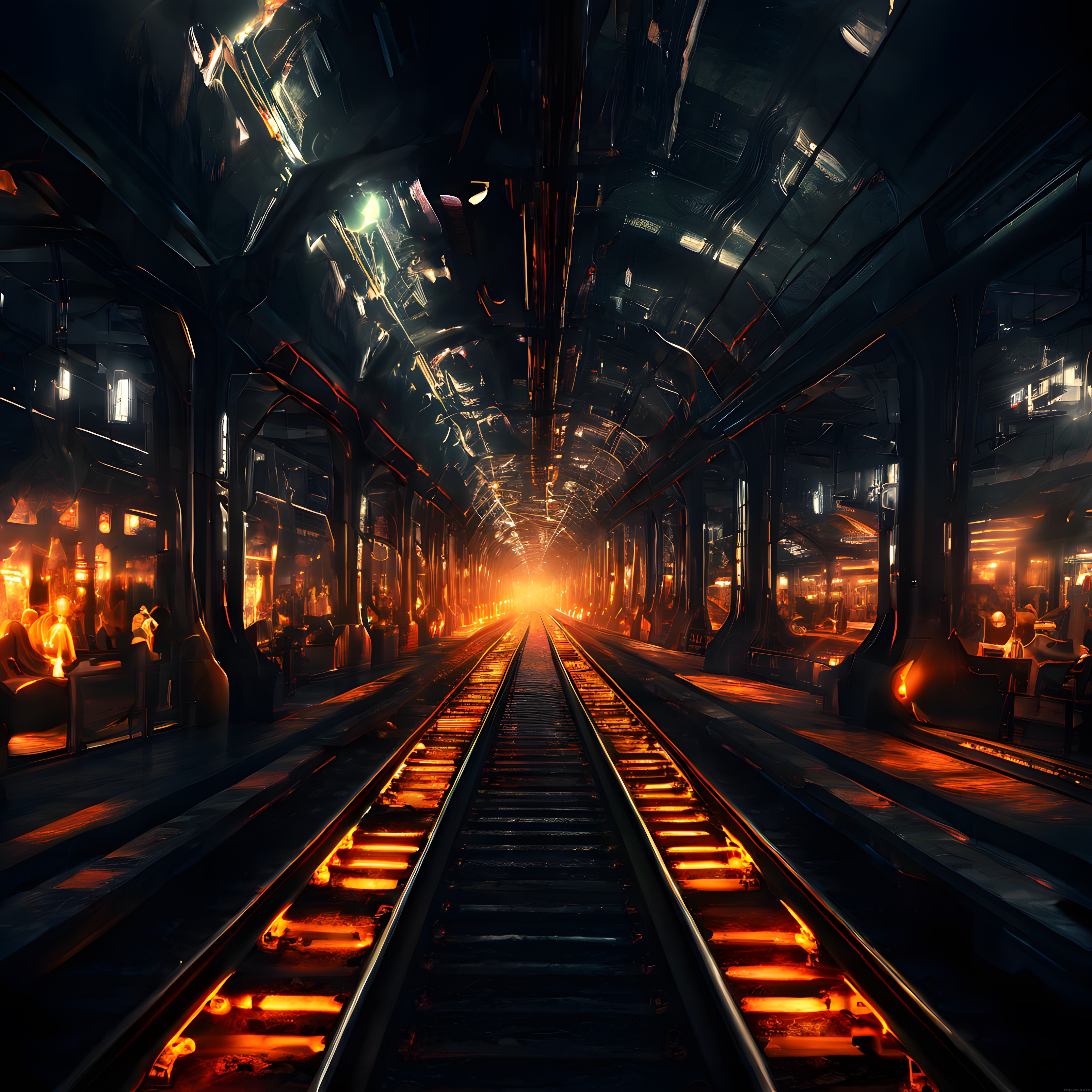 Neon ışıklı fütüristik metro istasyonunda karanlık raylar ve cyberpunk havası