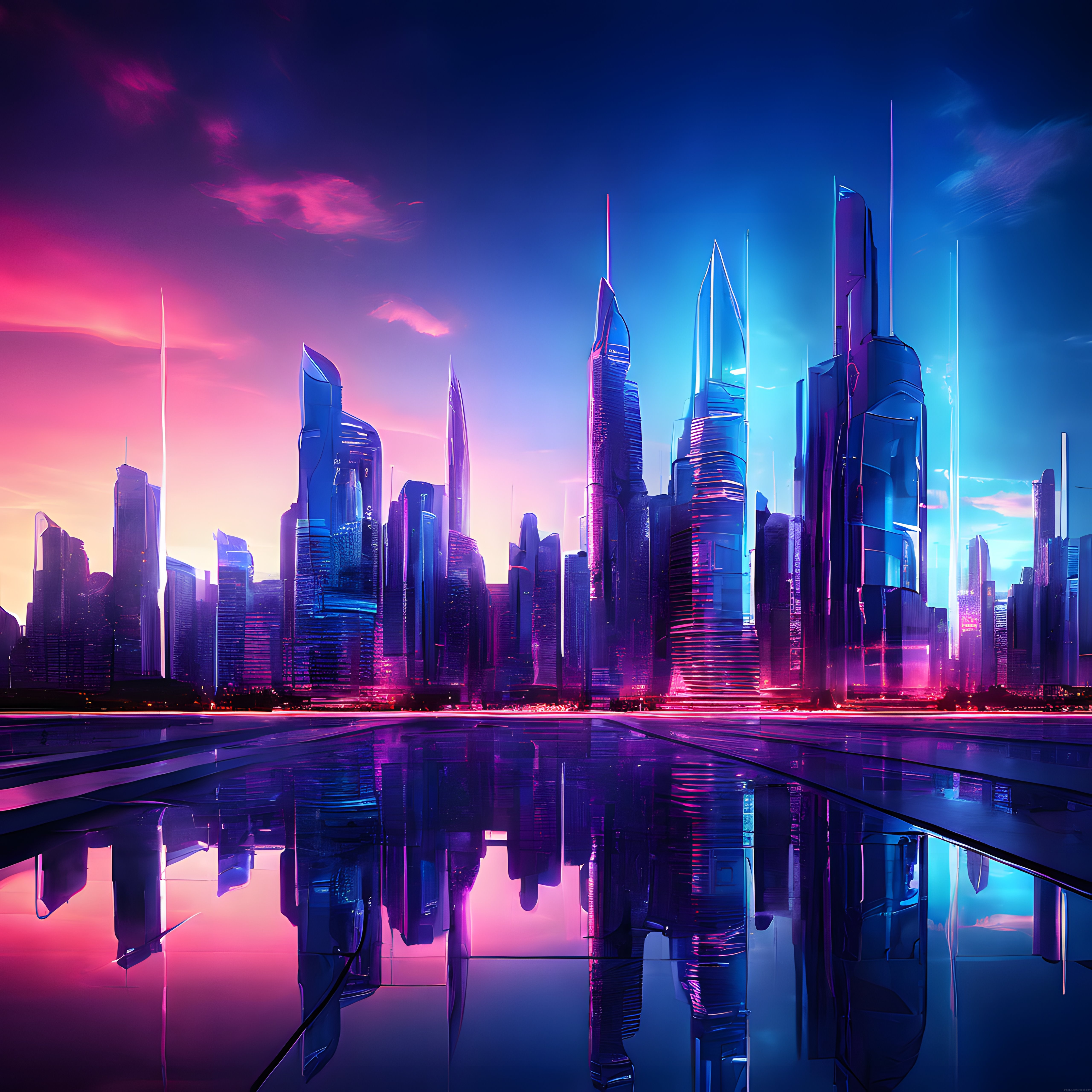 Neon Işıklı Fütüristik Şehir Manzarası ve Cyberpunk Gökdelenlerin Su Yansıması