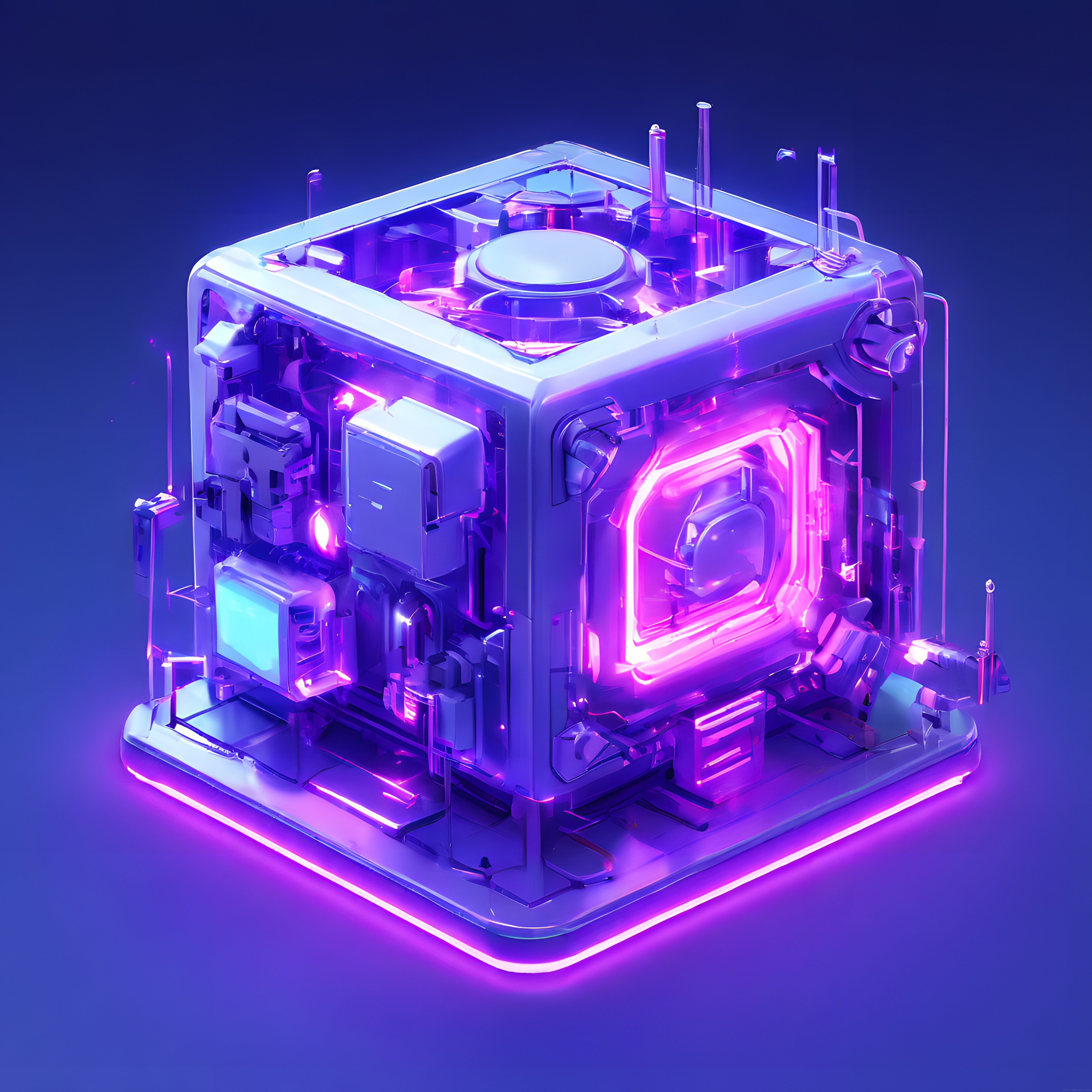 Neon Işıklı Futuristik Teknoloji Küpü ve Bilim Kurgu Dijital Sanat Eseri