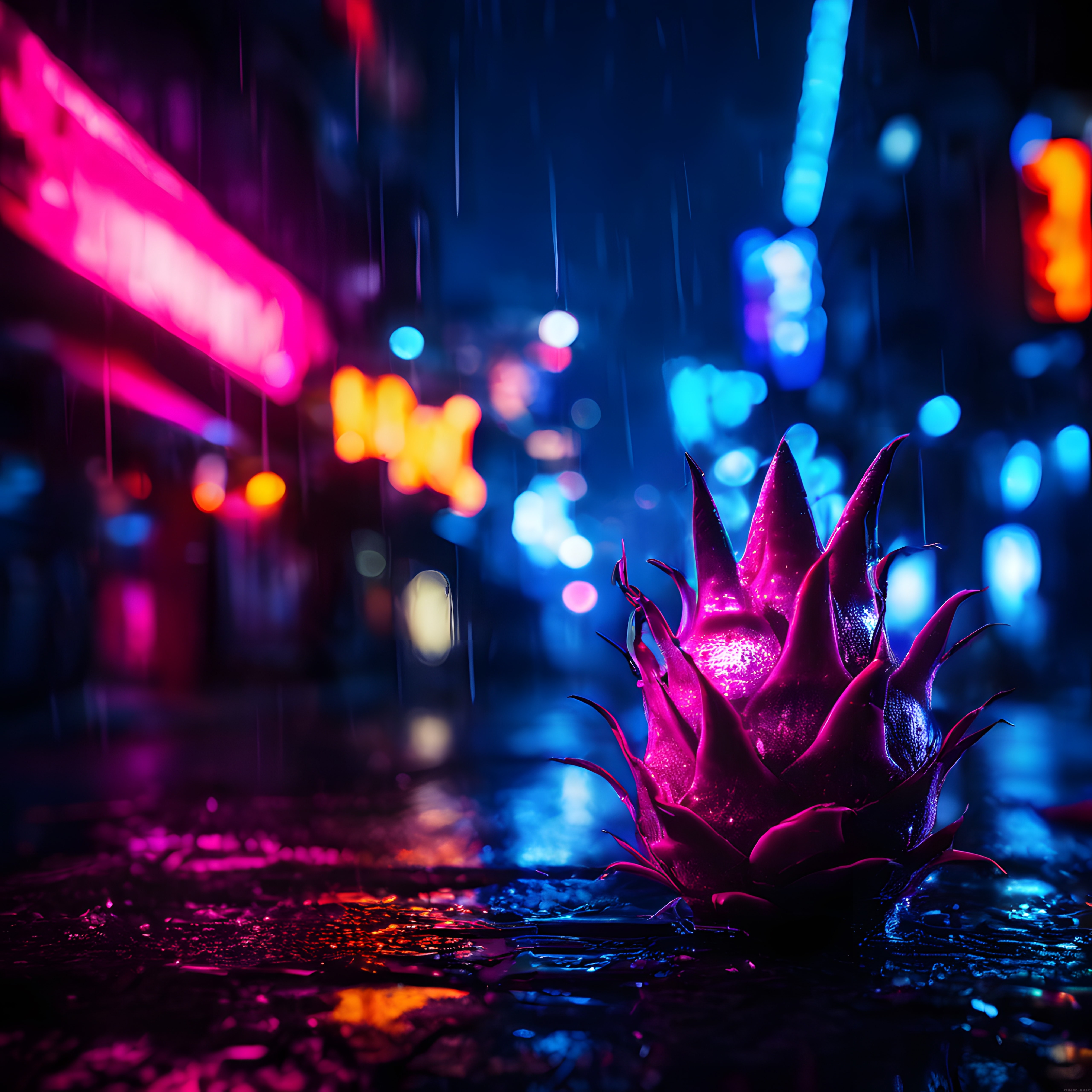 Neon Işıklı Gece Sokağında Islak Bir Bitkinin Büyüleyici Renk Dansı