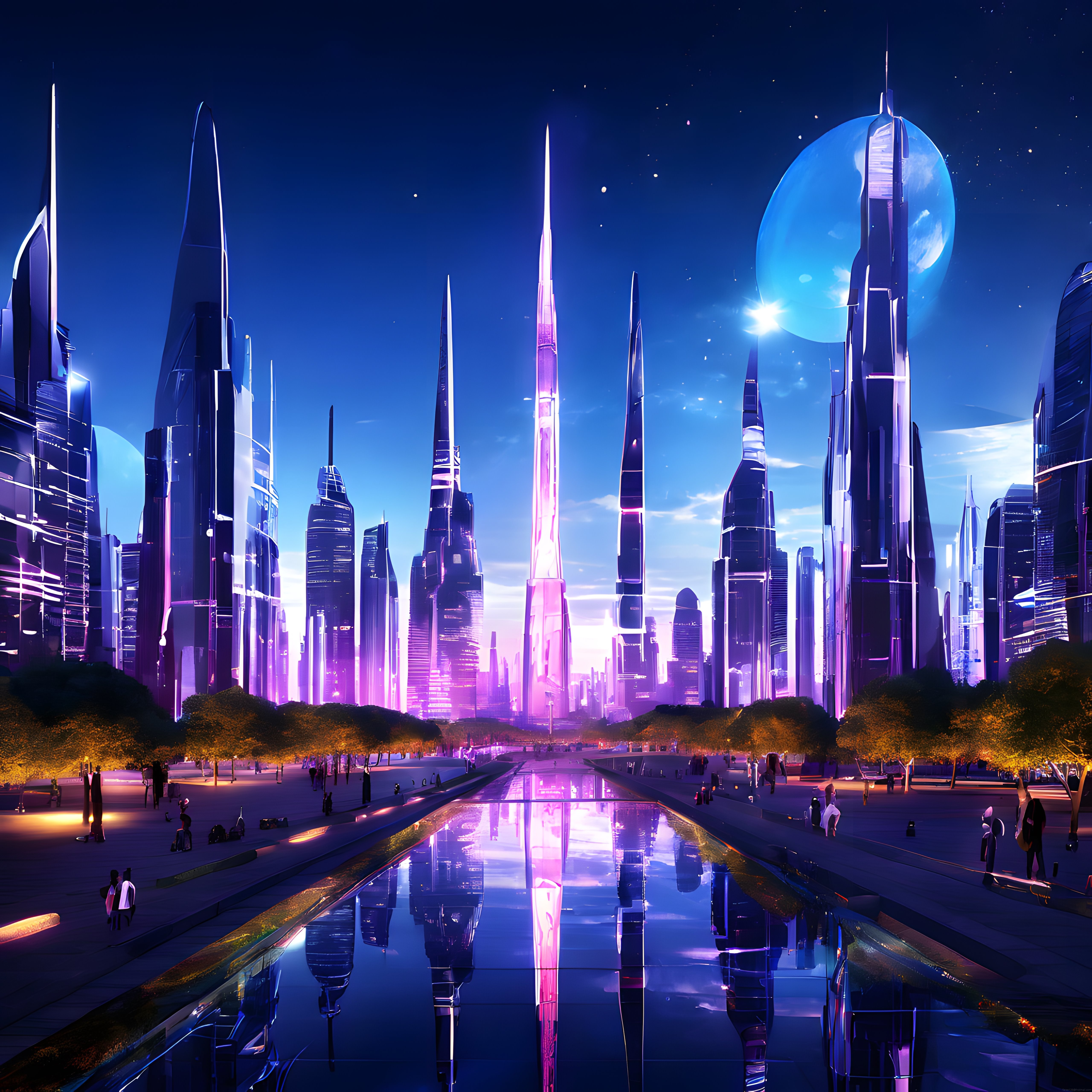 Neon ışıklı gelecek şehrinde gece manzarası ve dev gezegenli gökyüzü