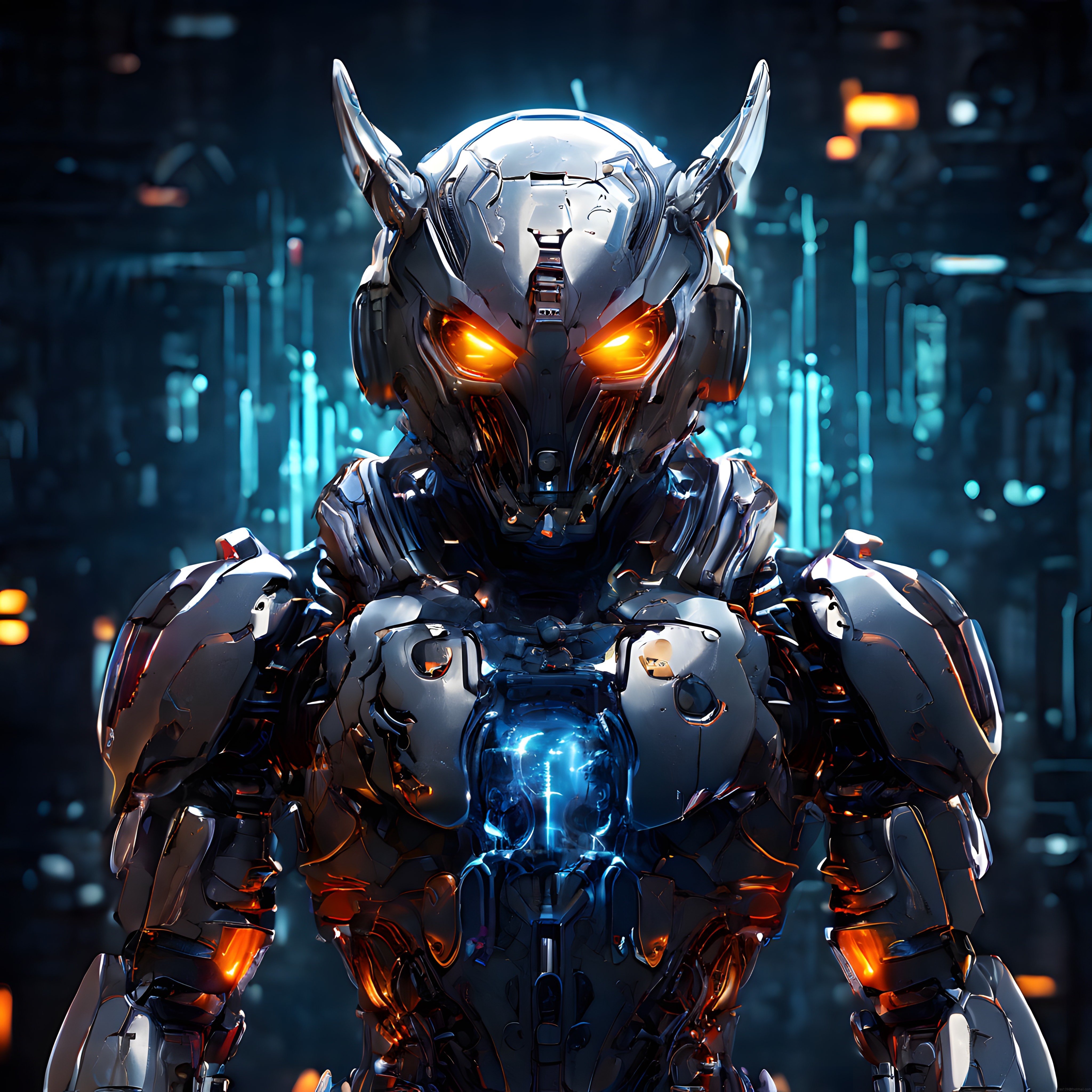 Neon Işıklı Gelecek Şehrinde Turuncu Gözleriyle Parlayan Robotik Savaşçı