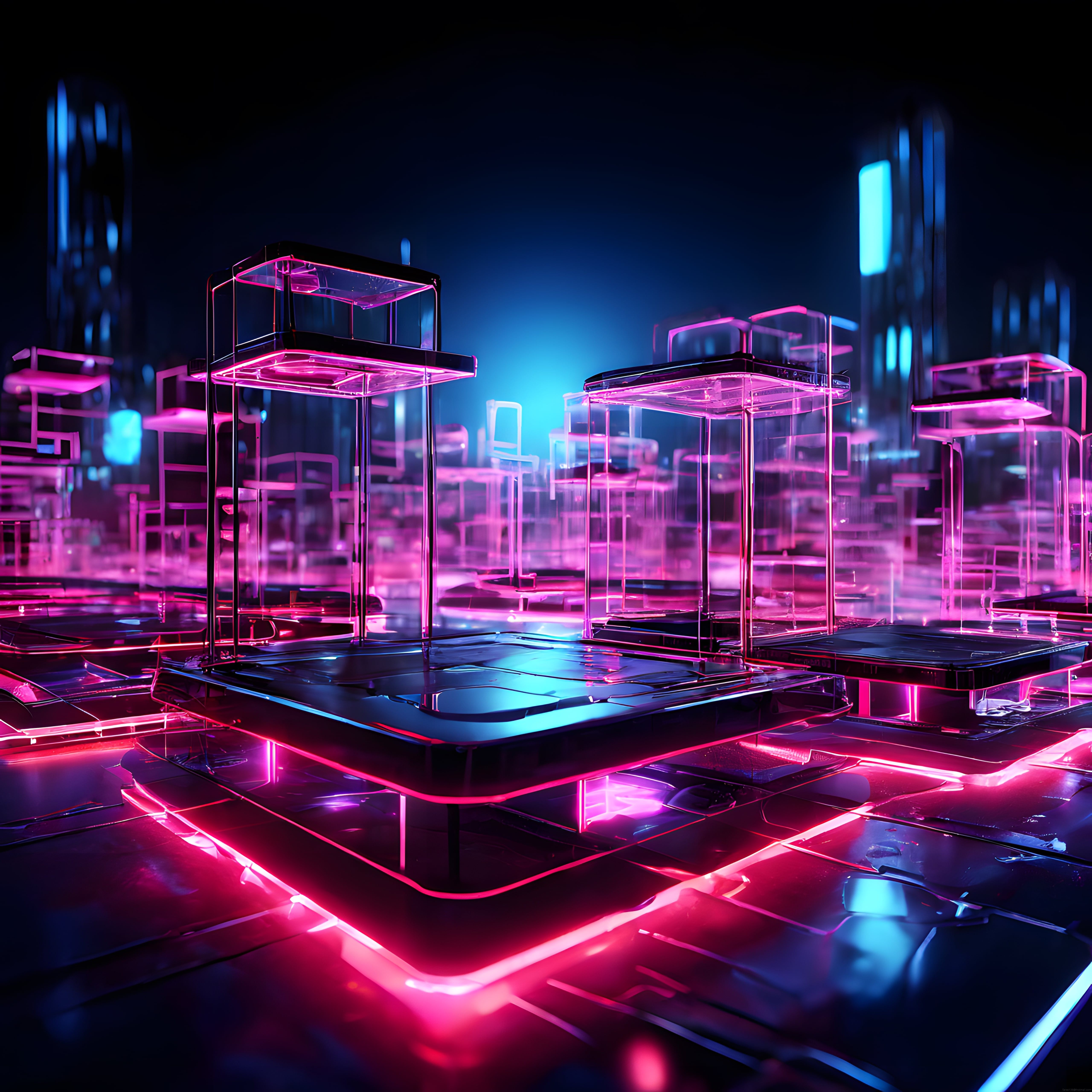 Neon Işıklı Gelecekçi Cam Yapılar ve Cyberpunk Kent Manzarası