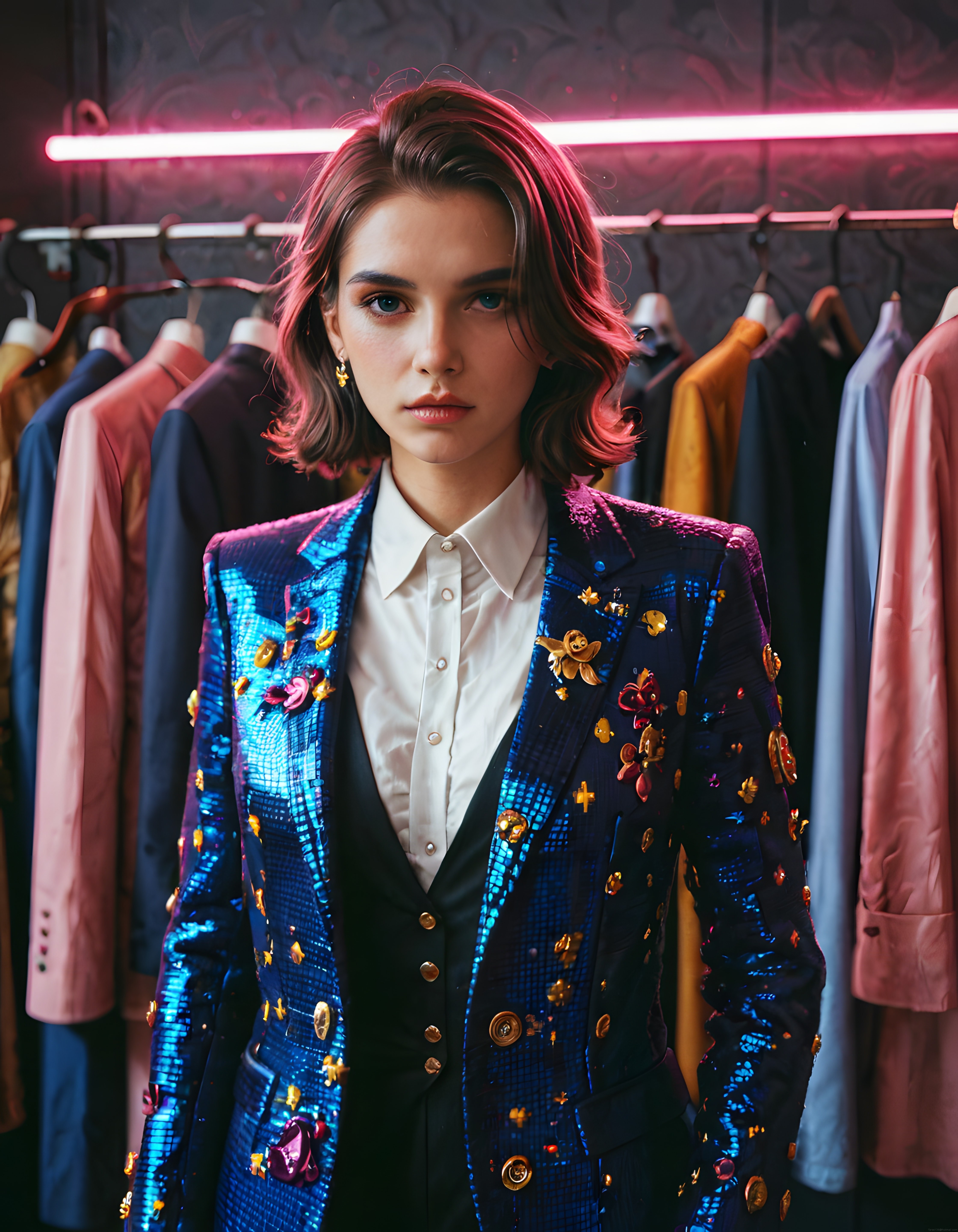 Neon ışıklı giyinme odasında payetli ceket ve broşlarla moda stili