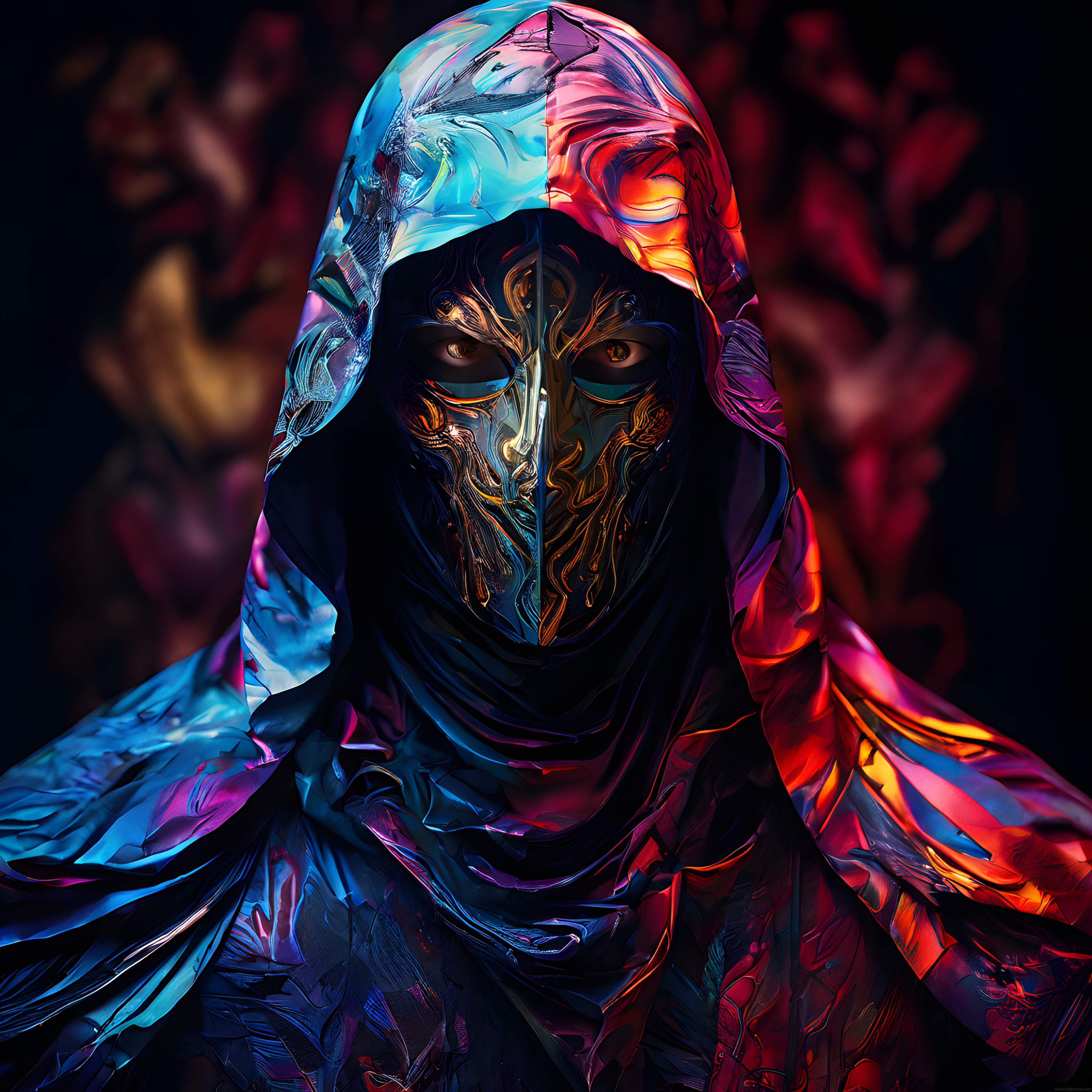 Neon Işıklı Gizemli Kapüşonlu Maske Dijital Fantastik Portre