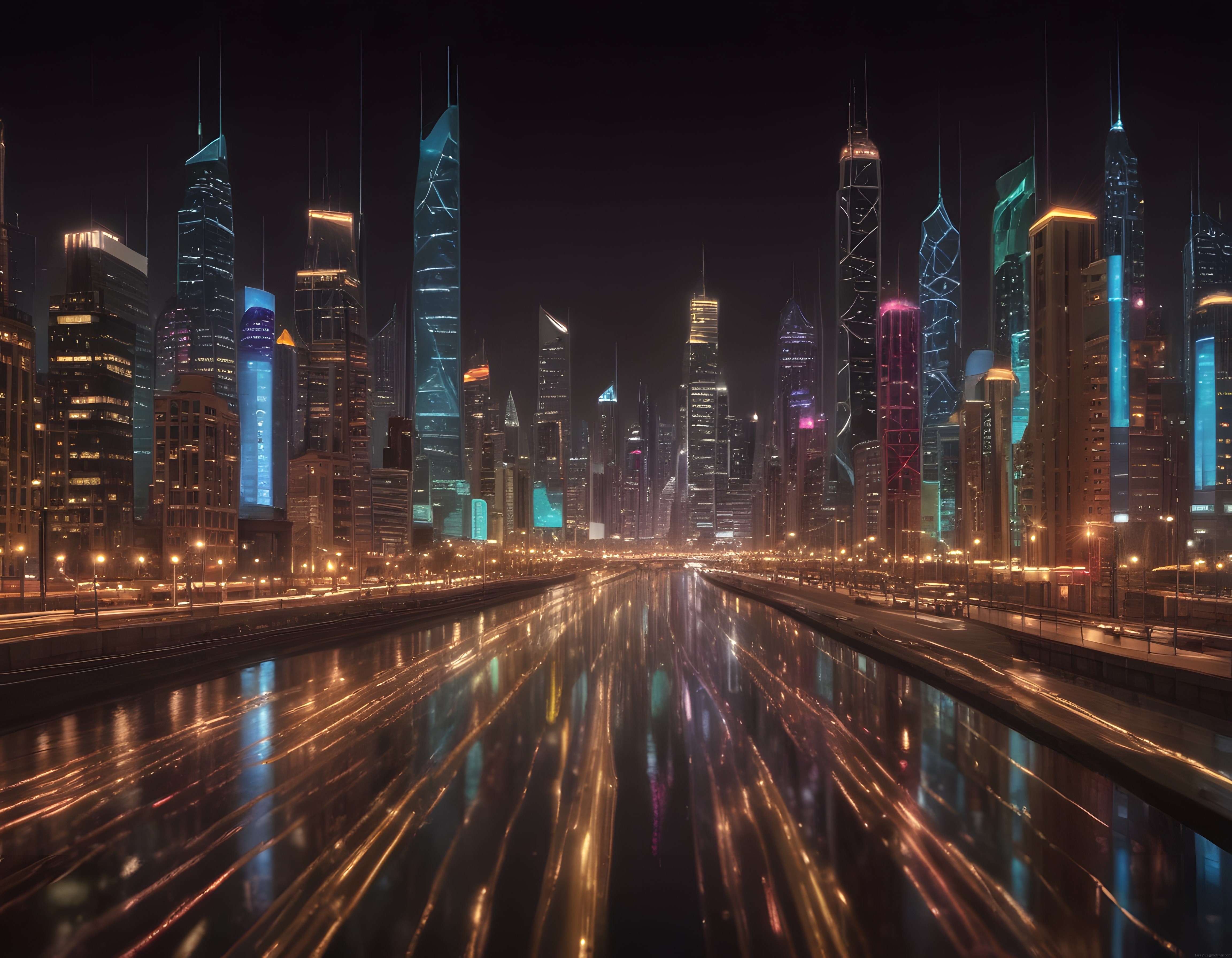 Neon Işıklı Gökdelenlerin Yansıdığı Gelecekten Bir Gece Şehir Panoraması