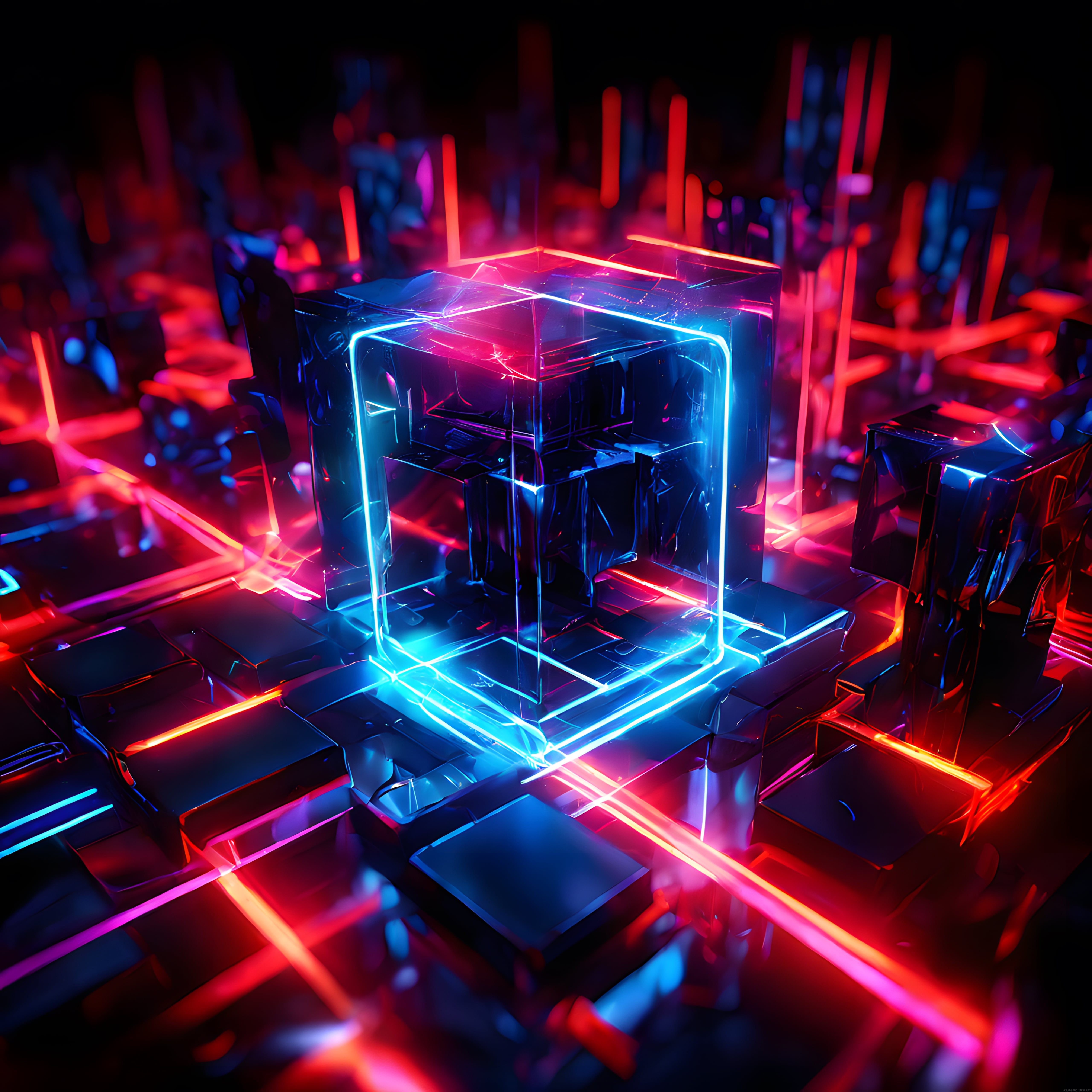 Neon Işıklı Kristal Küpler ve Cyberpunk Atmosferde Dijital 3D Sanat