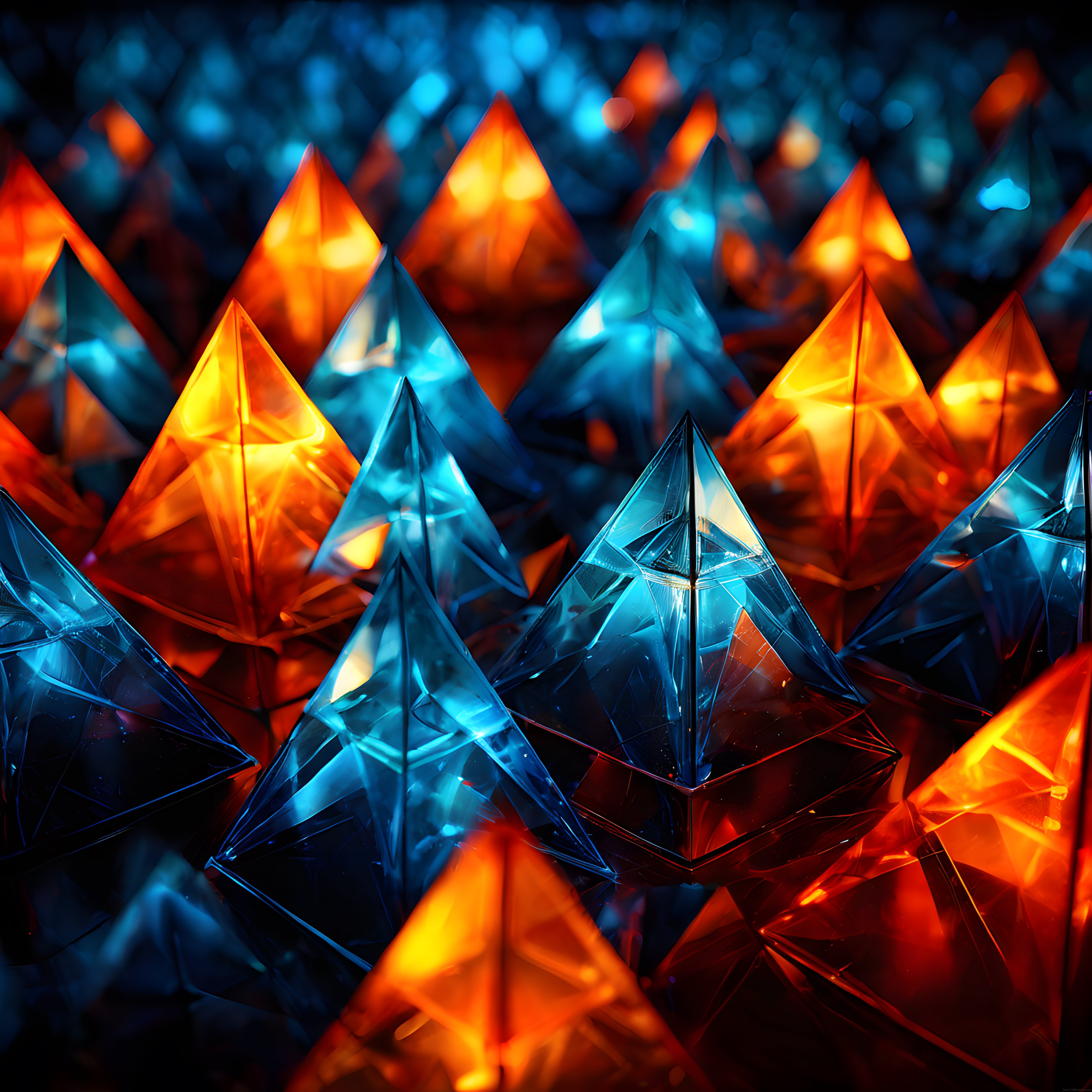 Neon Işıklı Kristal Piramitler: Mavi ve Turuncu Geometrik 3D Dijital Sanat