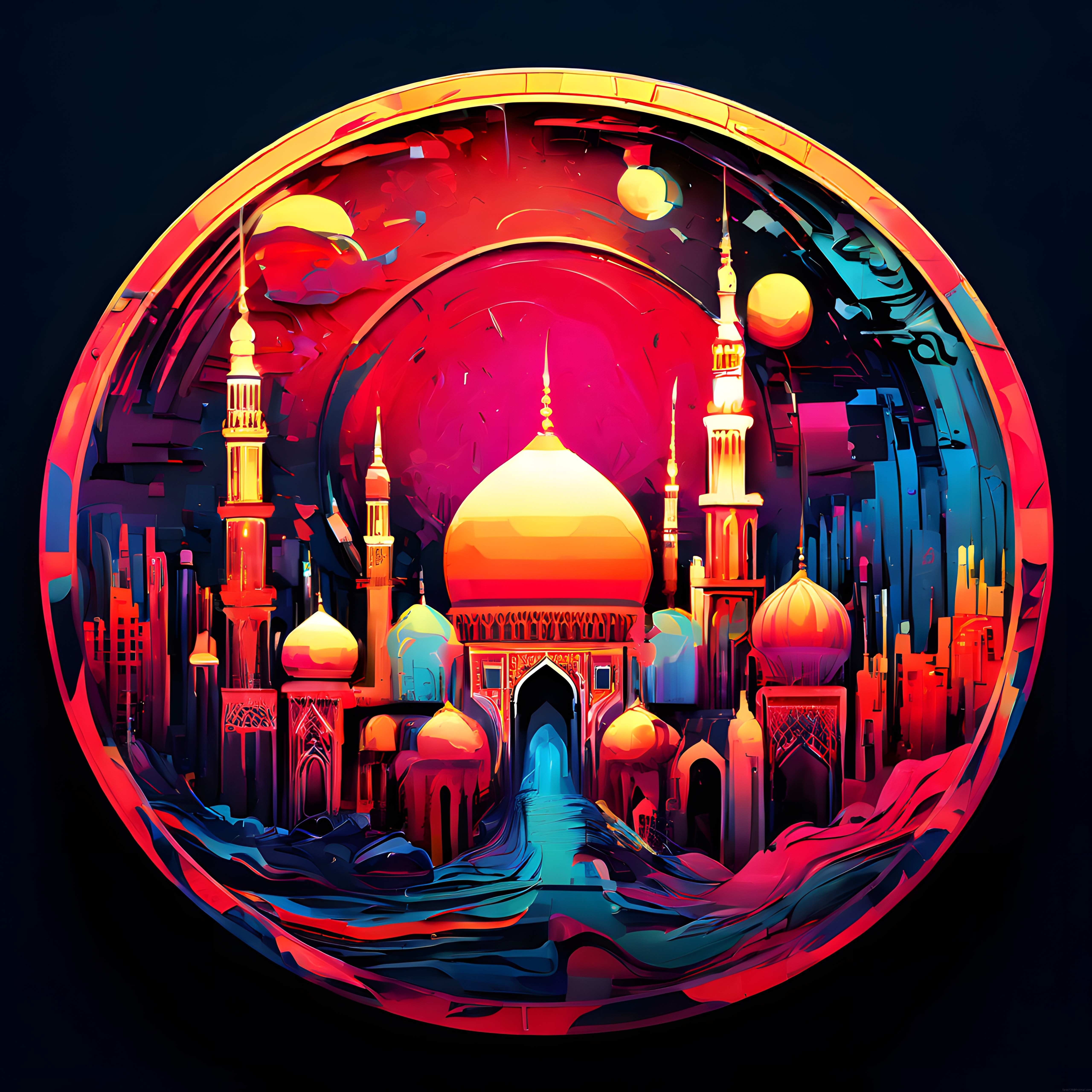 Neon Işıklı Kubbeli Cami ve Retrowave Dijital Sanat Atmosferi