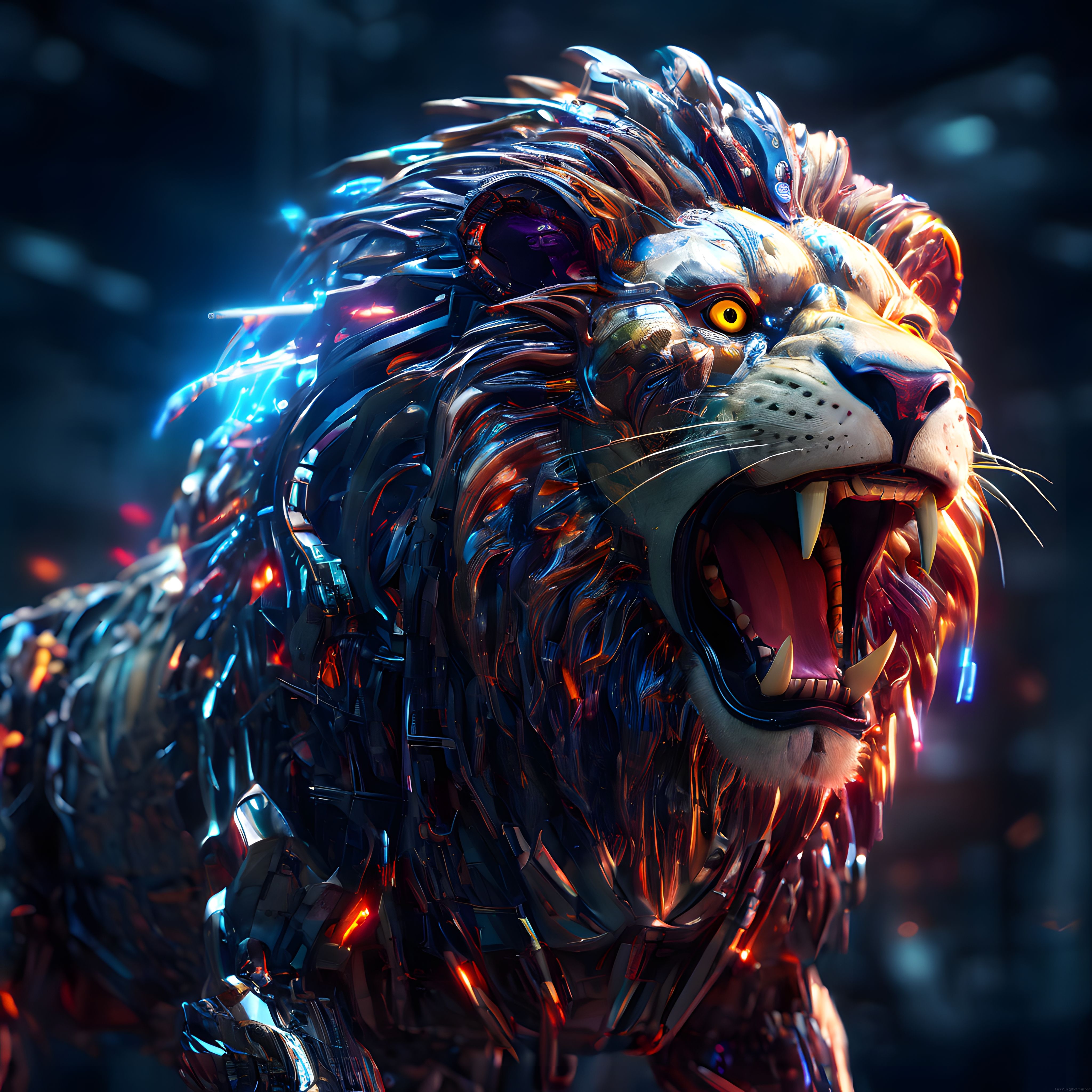 Neon Işıklı Kükreyen Robot Aslan Başı Fütüristik Dijital Sanat Çalışması