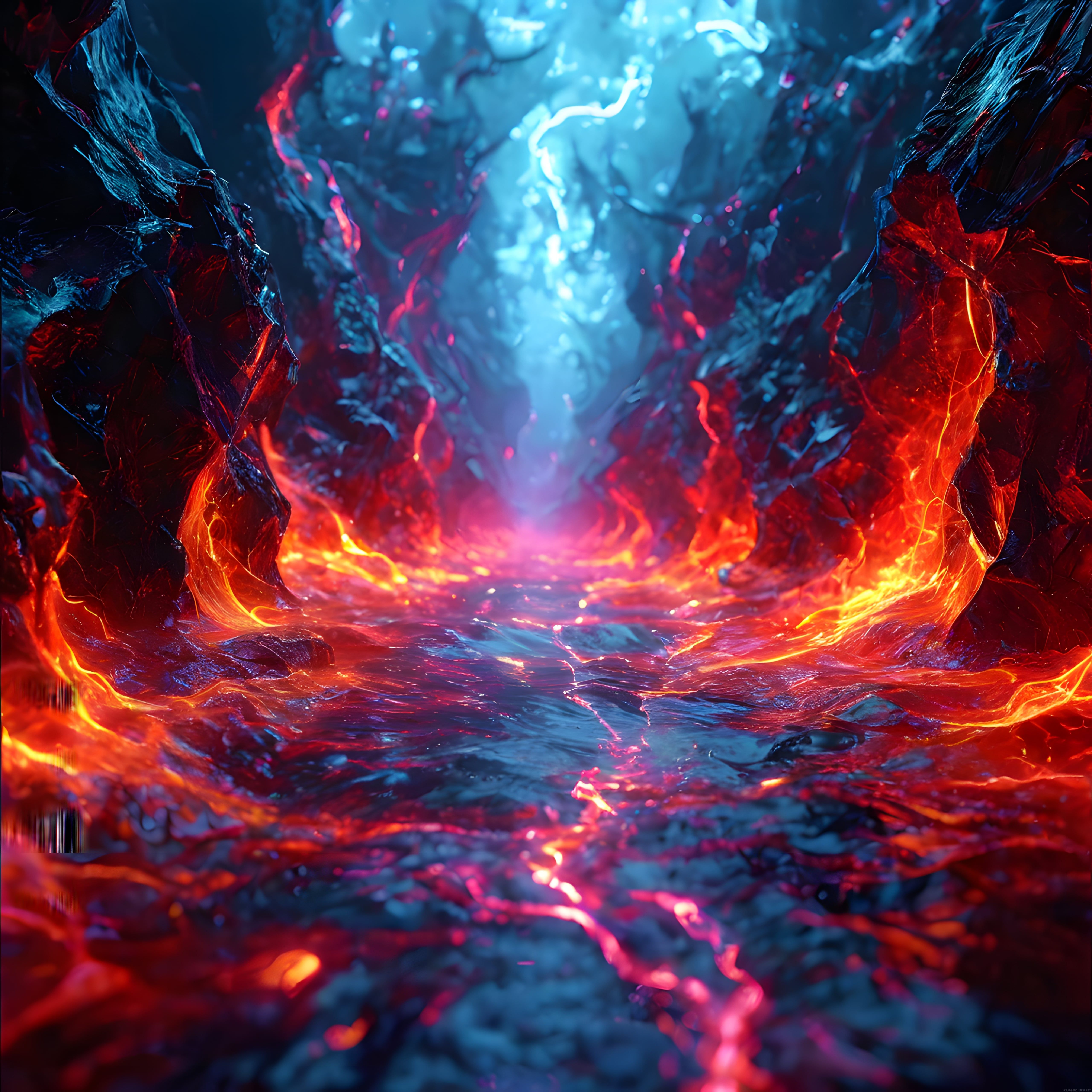 Neon ışıklı lav mağarası epik fantastik dijital sanat ve oyun arka planı