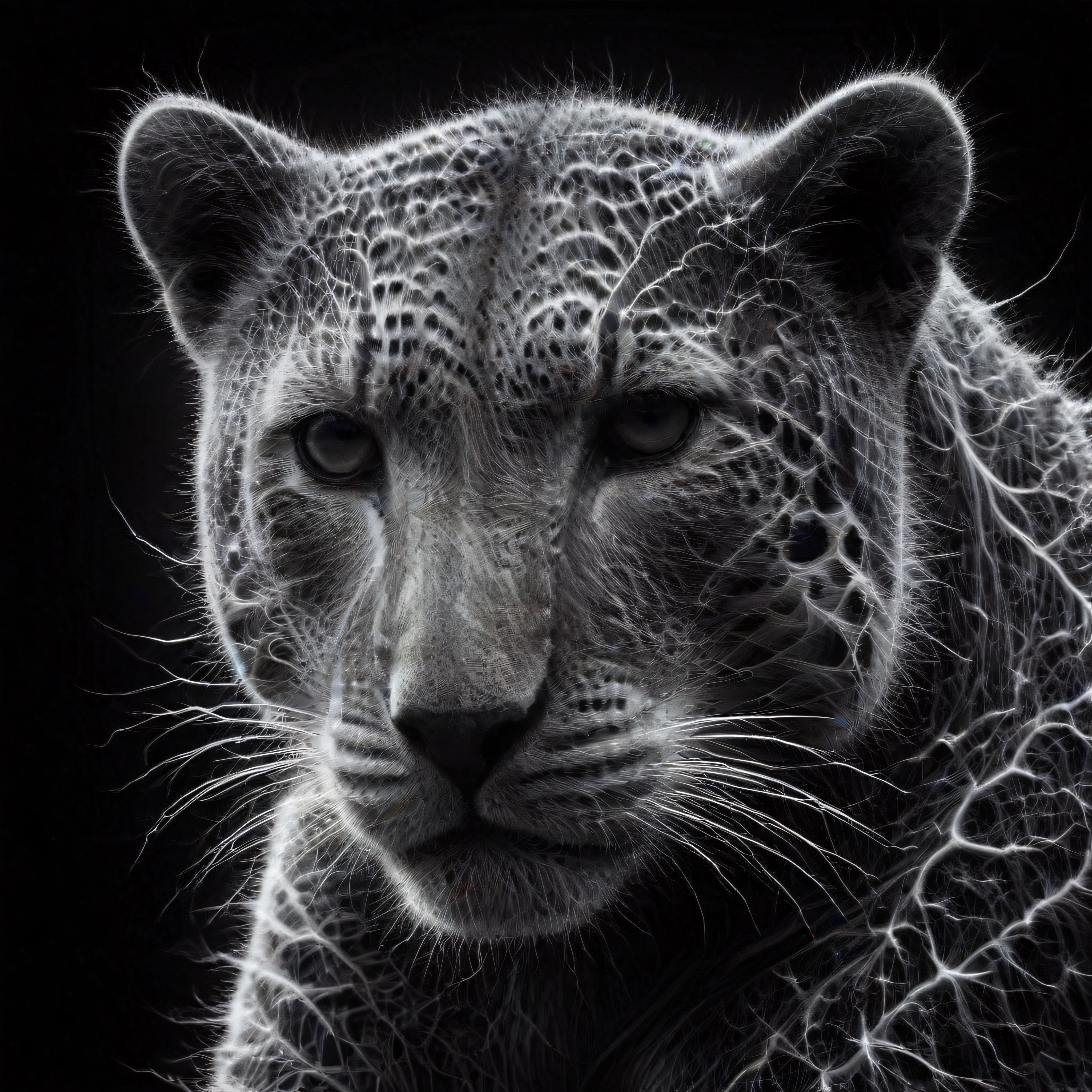 Neon Işıklı Leopar Yavrusu Siyah Beyaz Dijital Sanatsal Yüz Portresi
