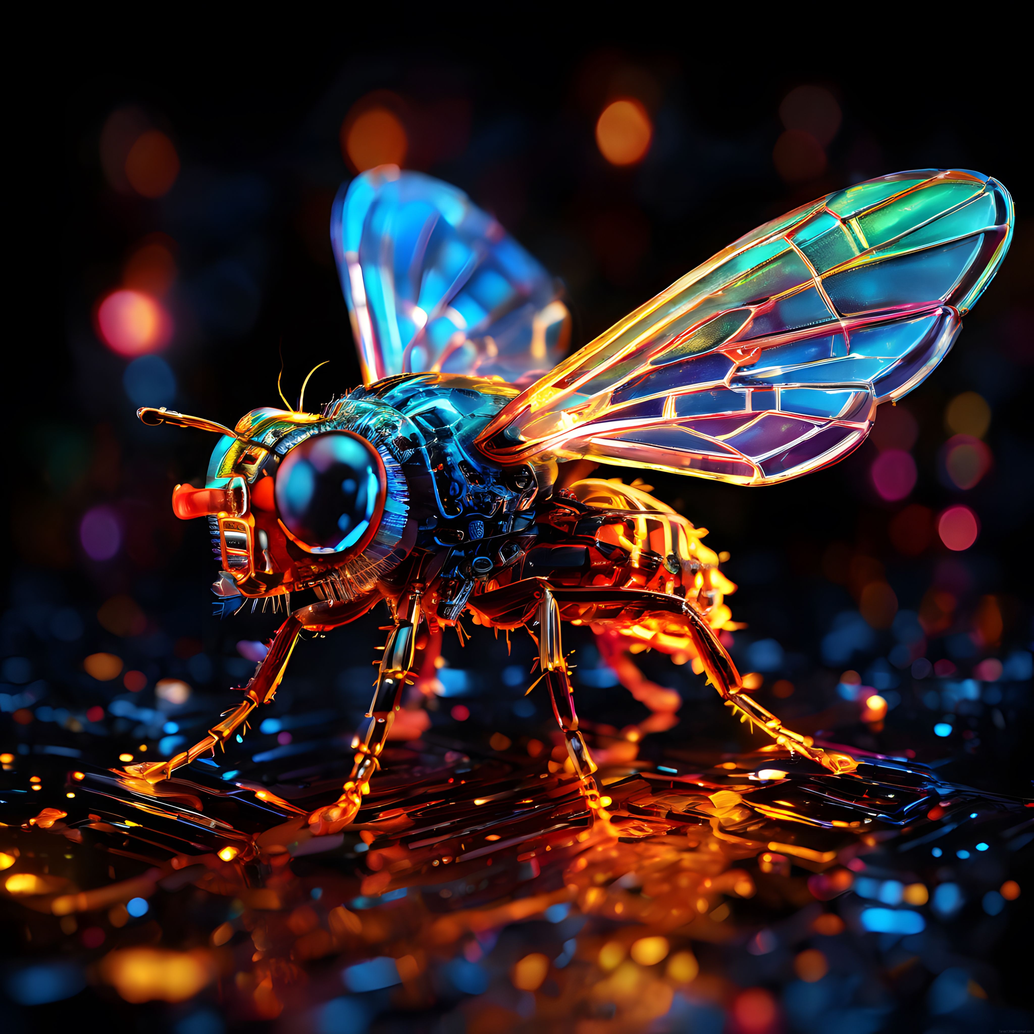 Neon Işıklı Mekanik Böcek: Cyborg Arı ve Gökkuşağı Kanatlarıyla Dijital Sanat