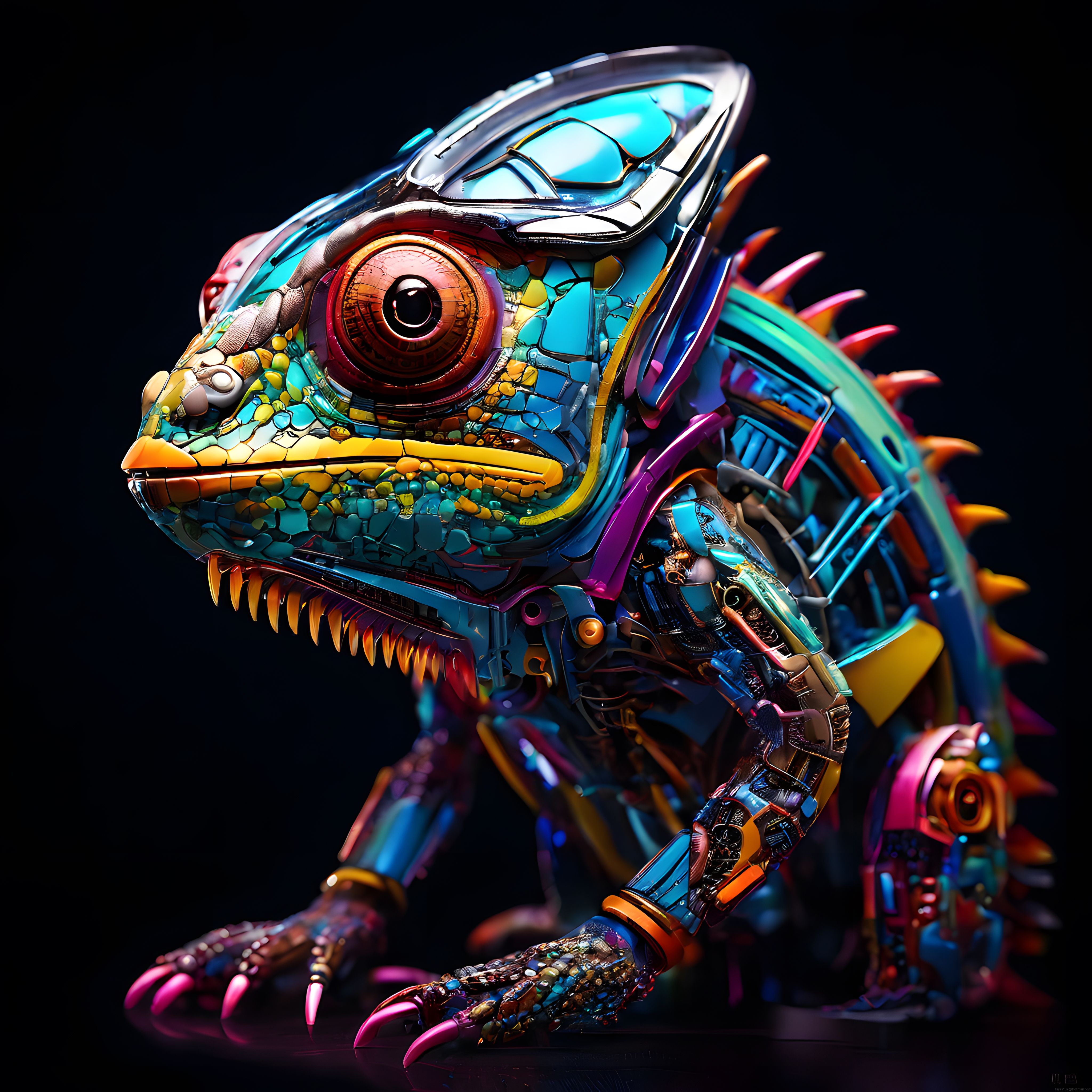 Neon Işıklı Mekanik Bukalemun: Cyborg Sürüngen Dijital Sanat