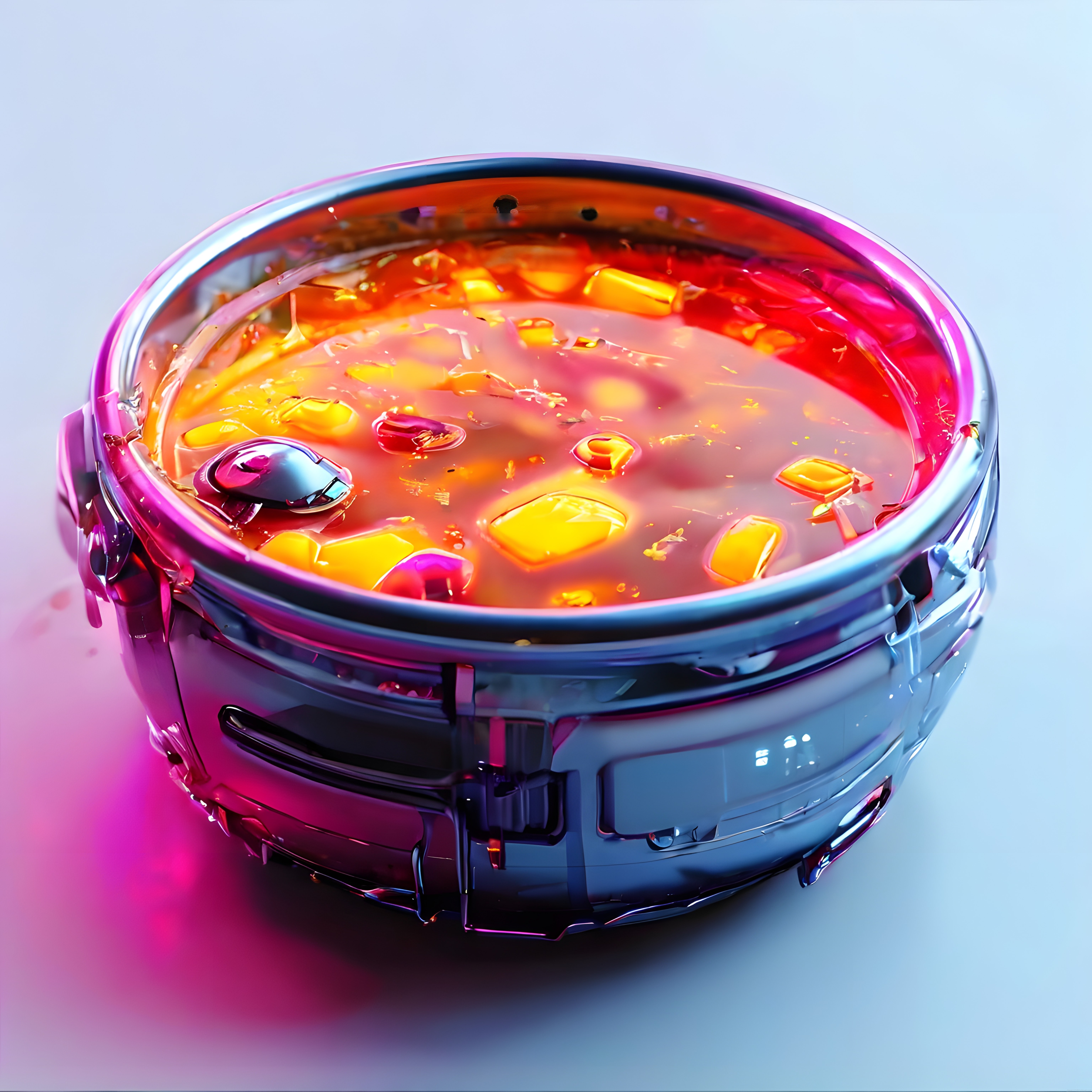 Neon Işıklı Metalik Kovada Parlak Lav Görünümlü Dijital 3D Render Sanat