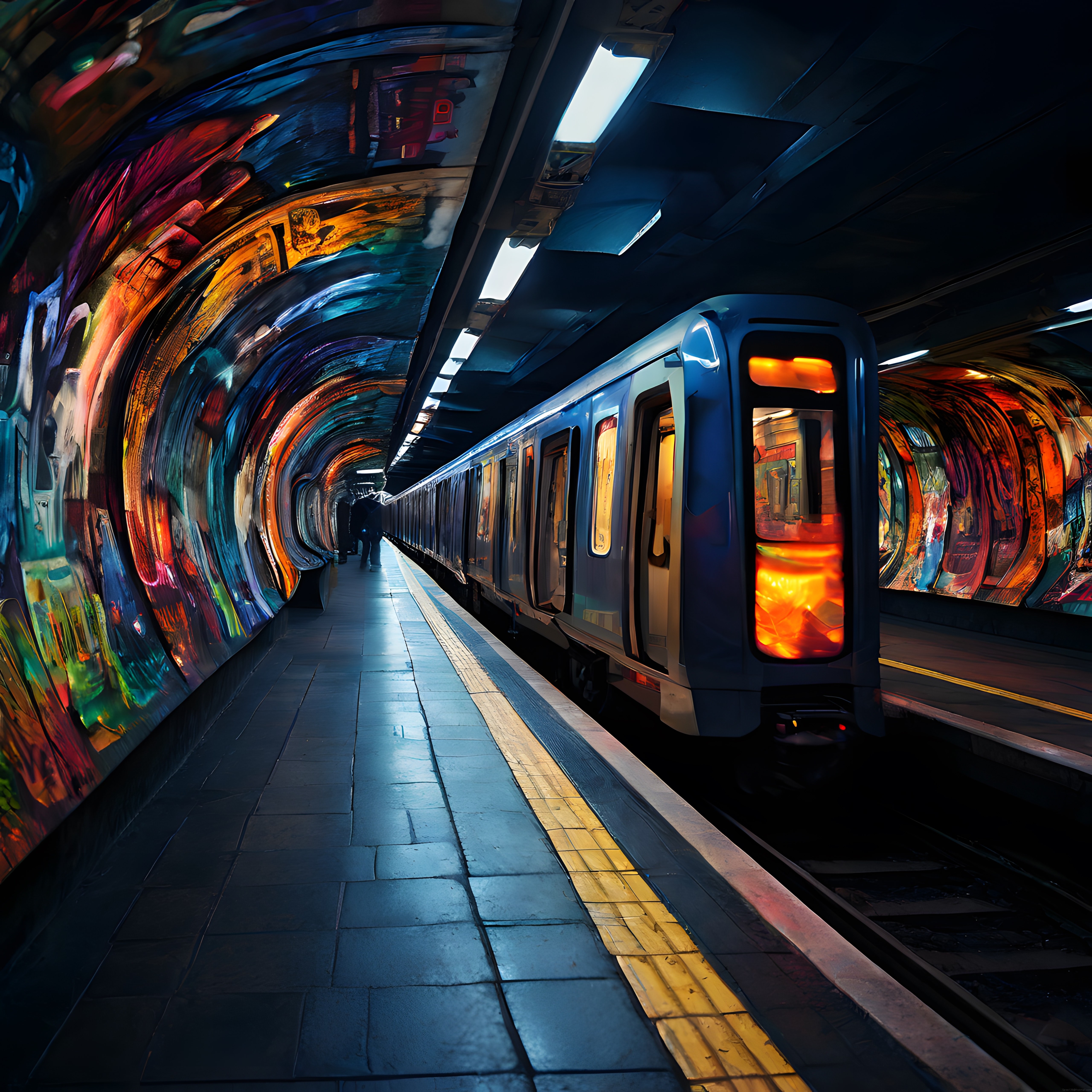 Neon Işıklı Metro İstasyonunda Dijital Sanat Yolculuğu ve Gelecekçi Atmosfer