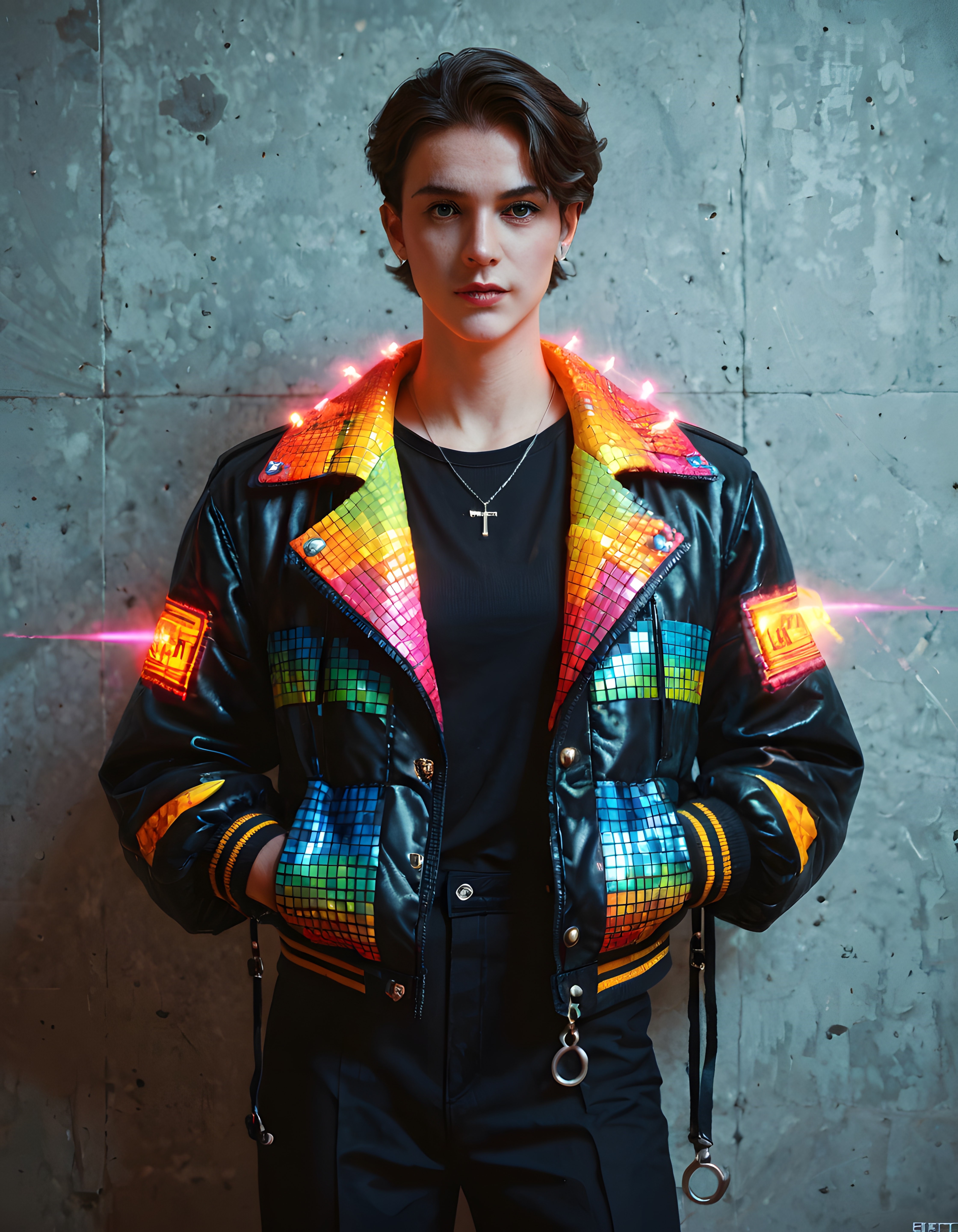 Neon Işıklı Mozaik Deri Ceketli Genç Adam ve Cyberpunk Moda Stili