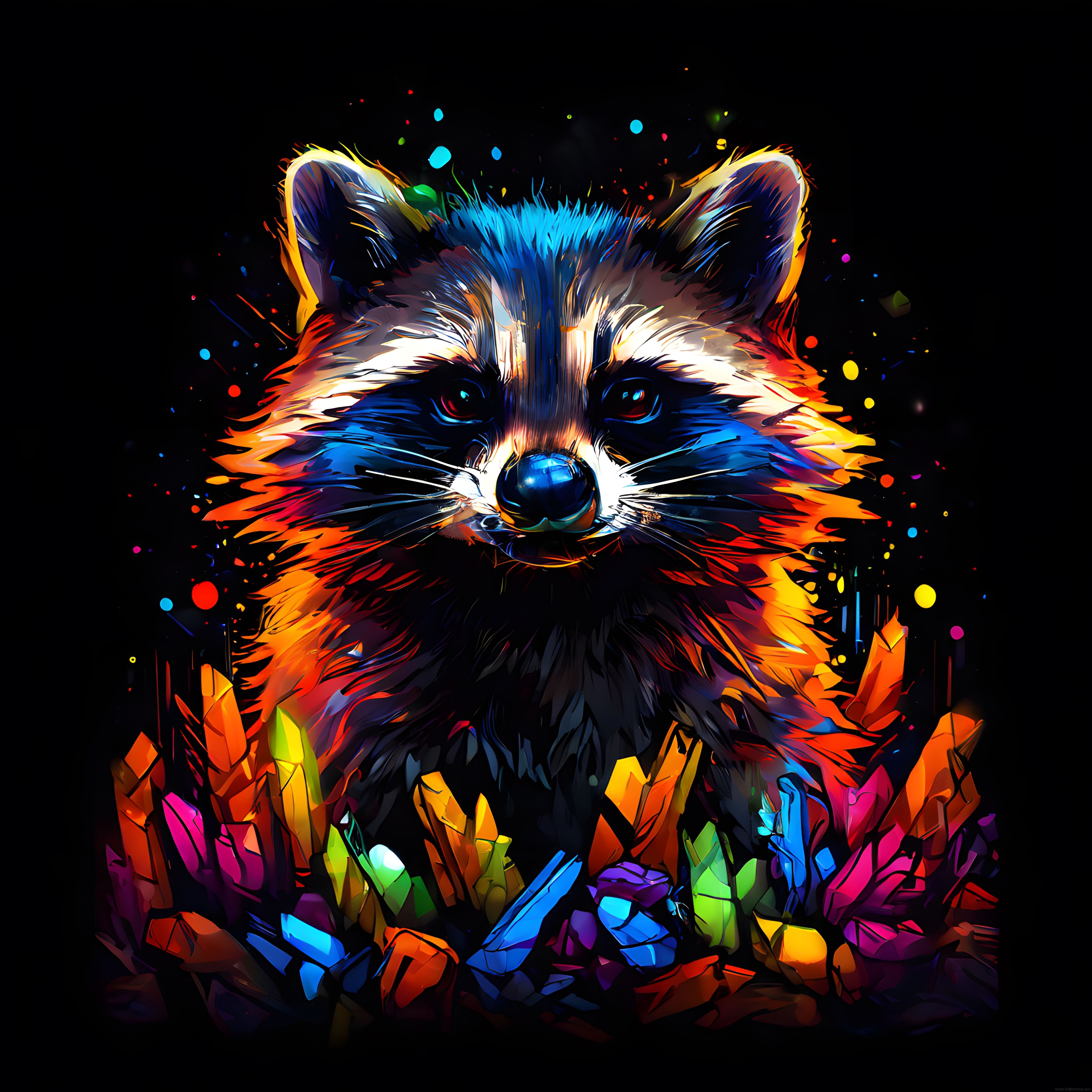 Neon Işıklı Rakun ve Renkli Kristaller Dijital Sanat Portresi