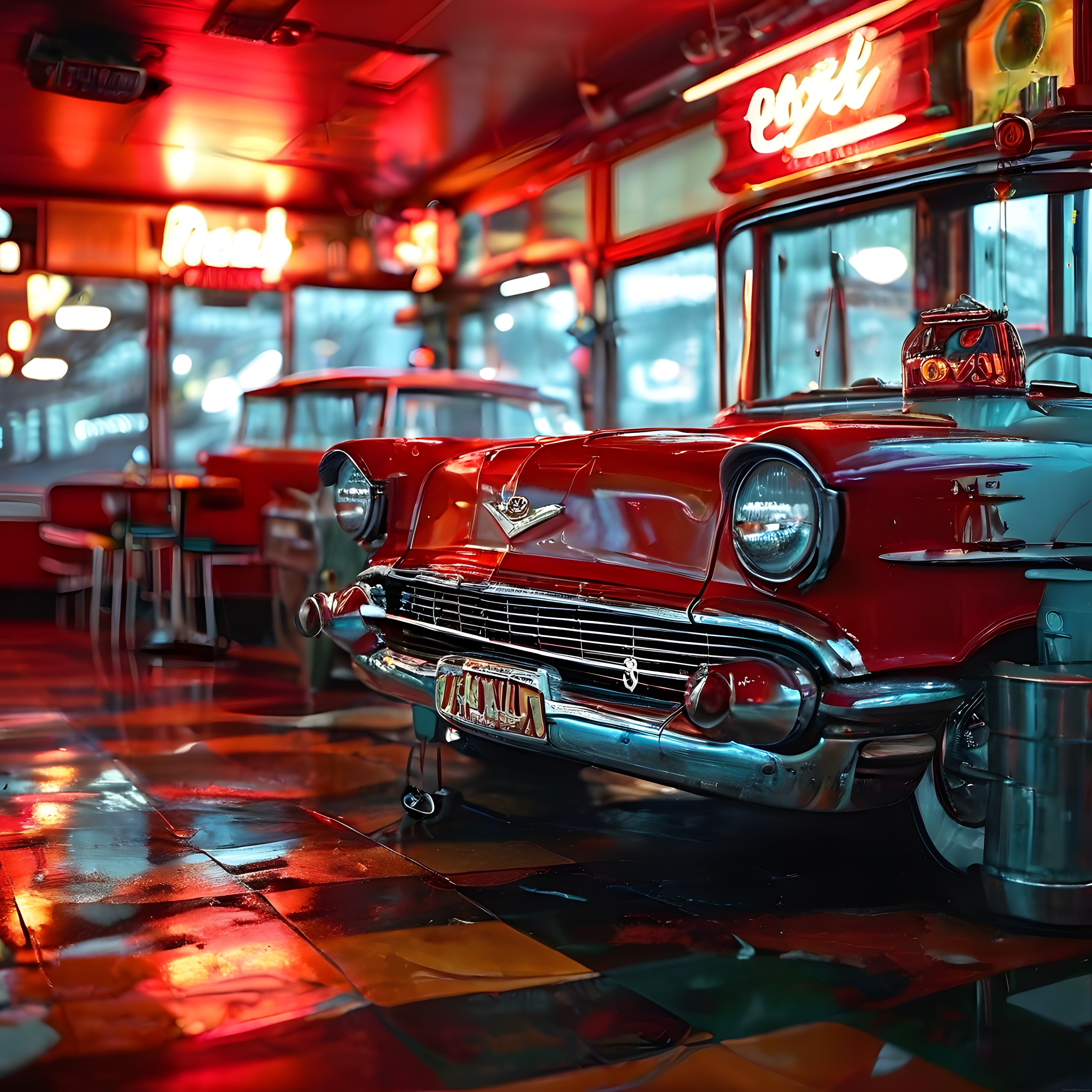 Neon Işıklı Retro Dinerda Parlayan Klasik Kırmızı Amerikan Arabası