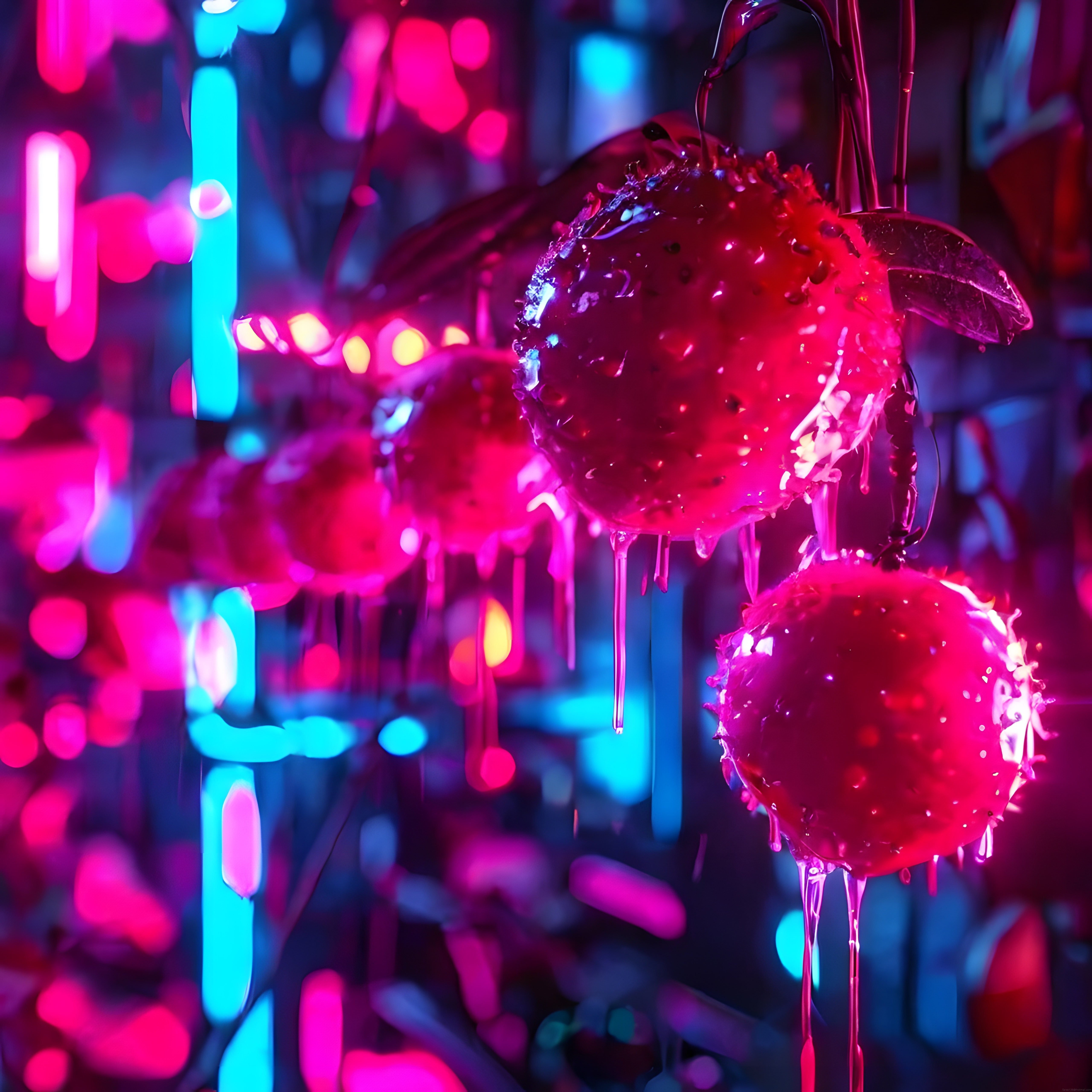 neon ışıklı sarkık meyveler ve damlayan parlak sıvılar, renkli sanat eseri