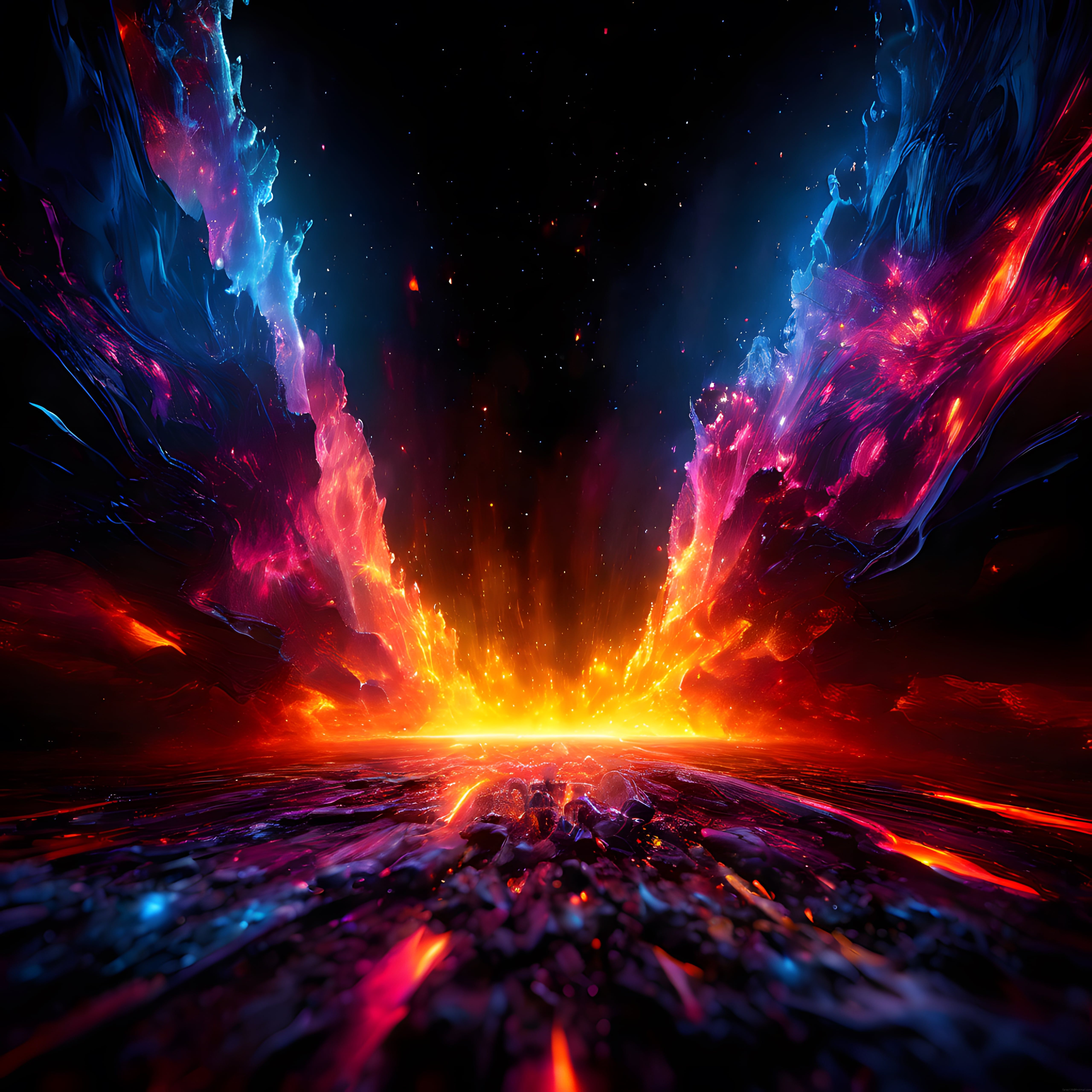 neon ışıklı simetrik fantastik enerji patlaması ve soyut dijital boyut kapısı