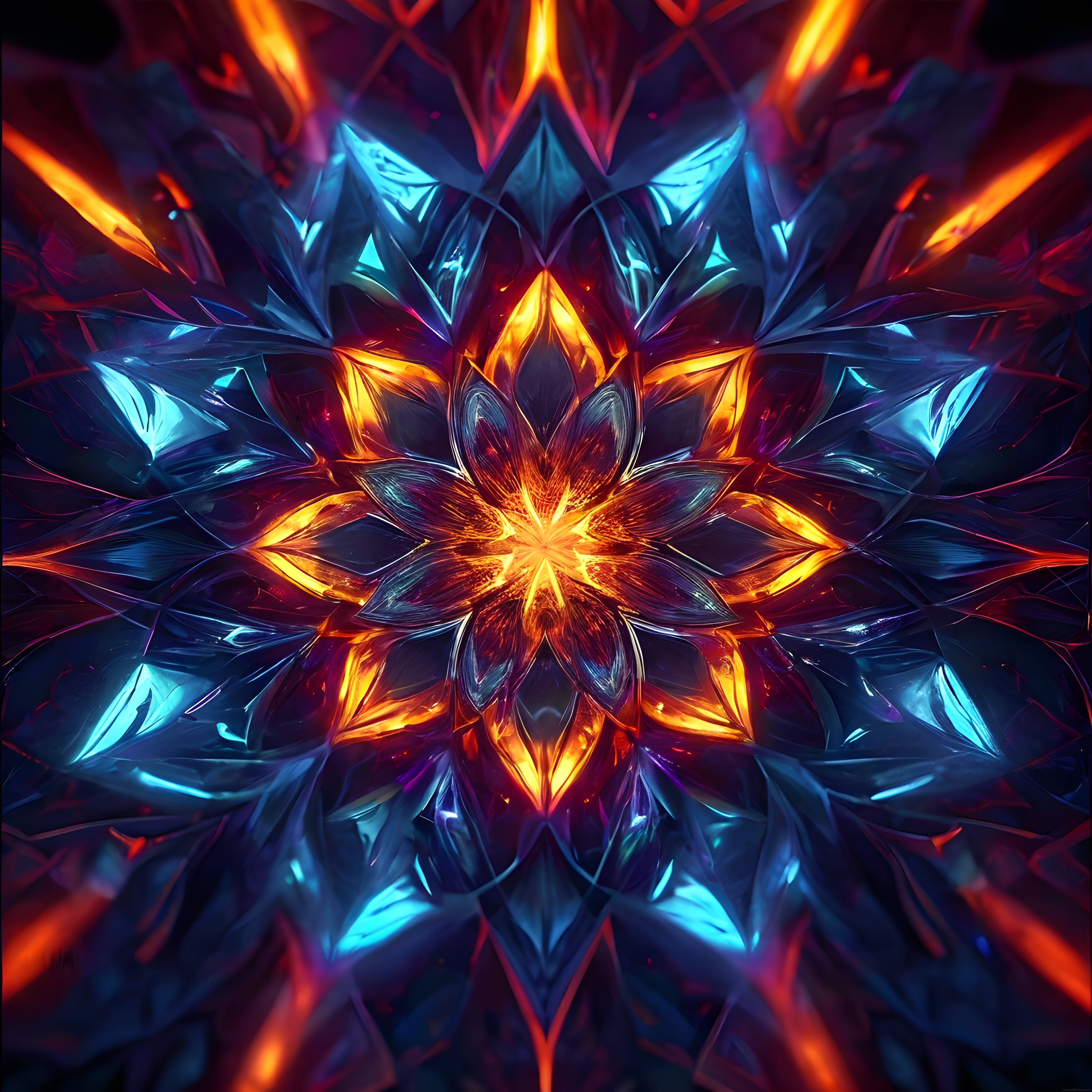 Neon Işıklı Simetrik Kristal Çiçek Formunda Büyüleyici Dijital Sanat Eseri