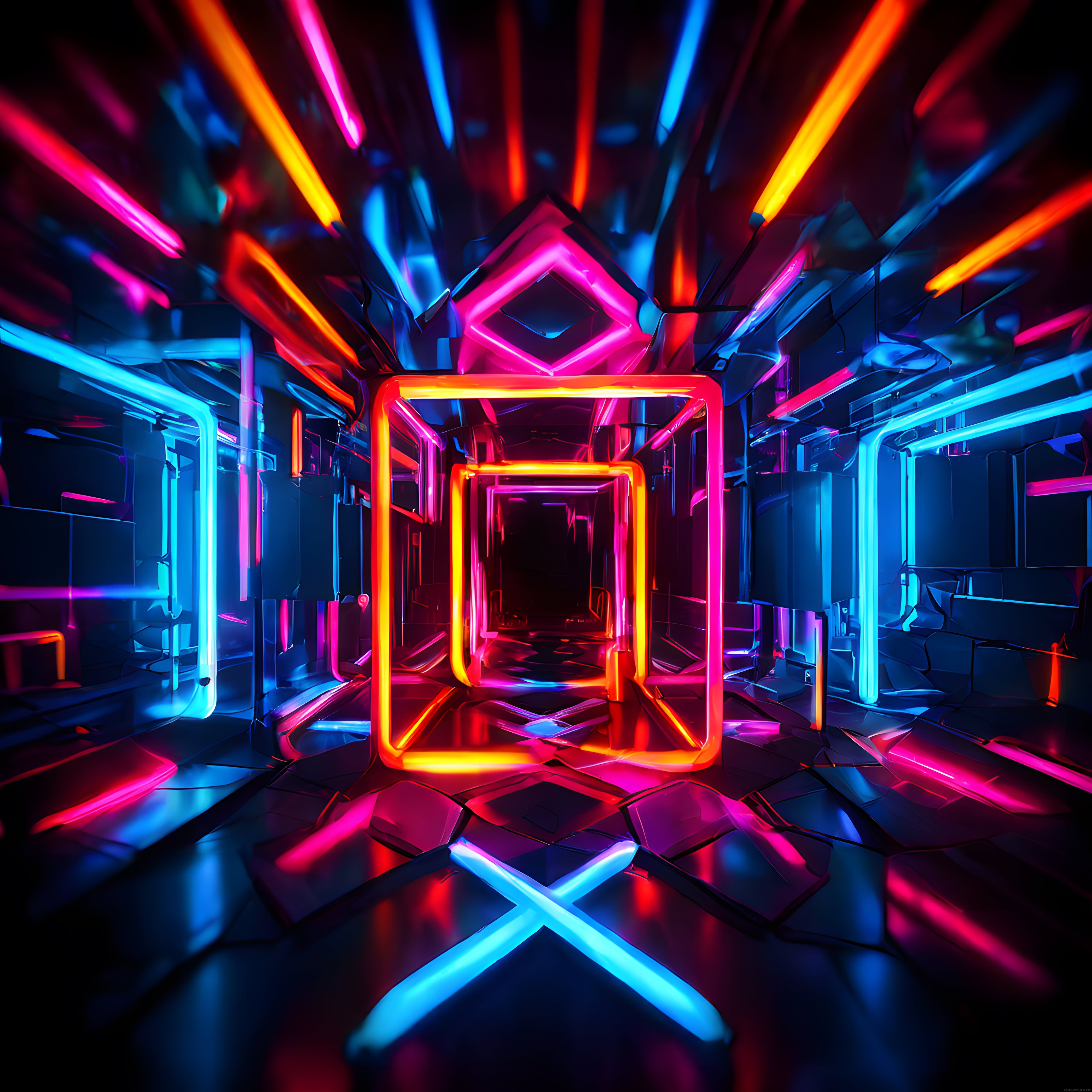 Neon Işıklı Sonsuz Koridor: Fütüristik Dijital Sanat ve Geometrik Işık Tüneli