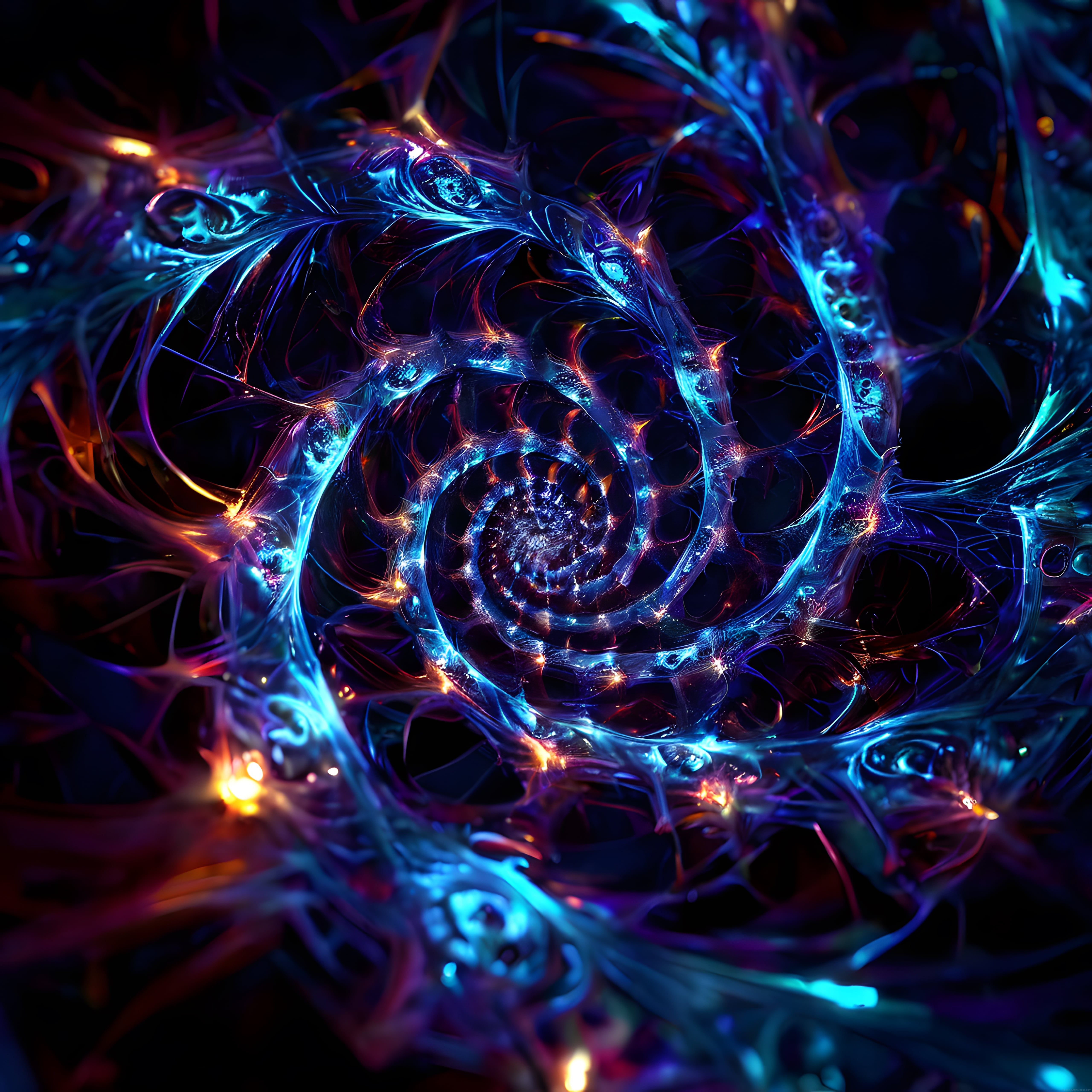 Neon Işıklı Soyut Dijital Sanat: Fraktal Spiral Galaksi ve Enerji Akışı