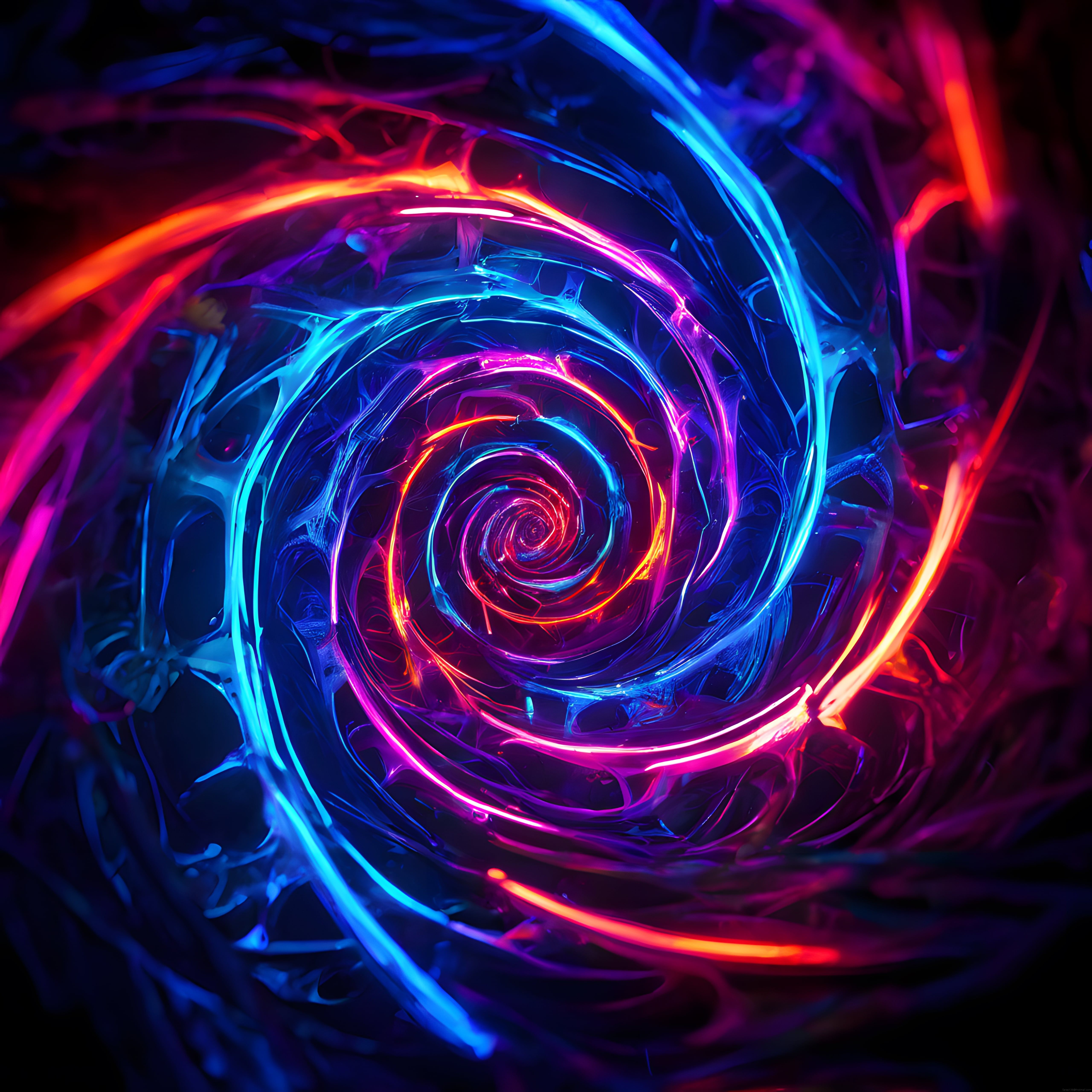 Neon Işıklı Soyut Dijital Sarmal Sanat Eseri ve Enerjik Arka Plan