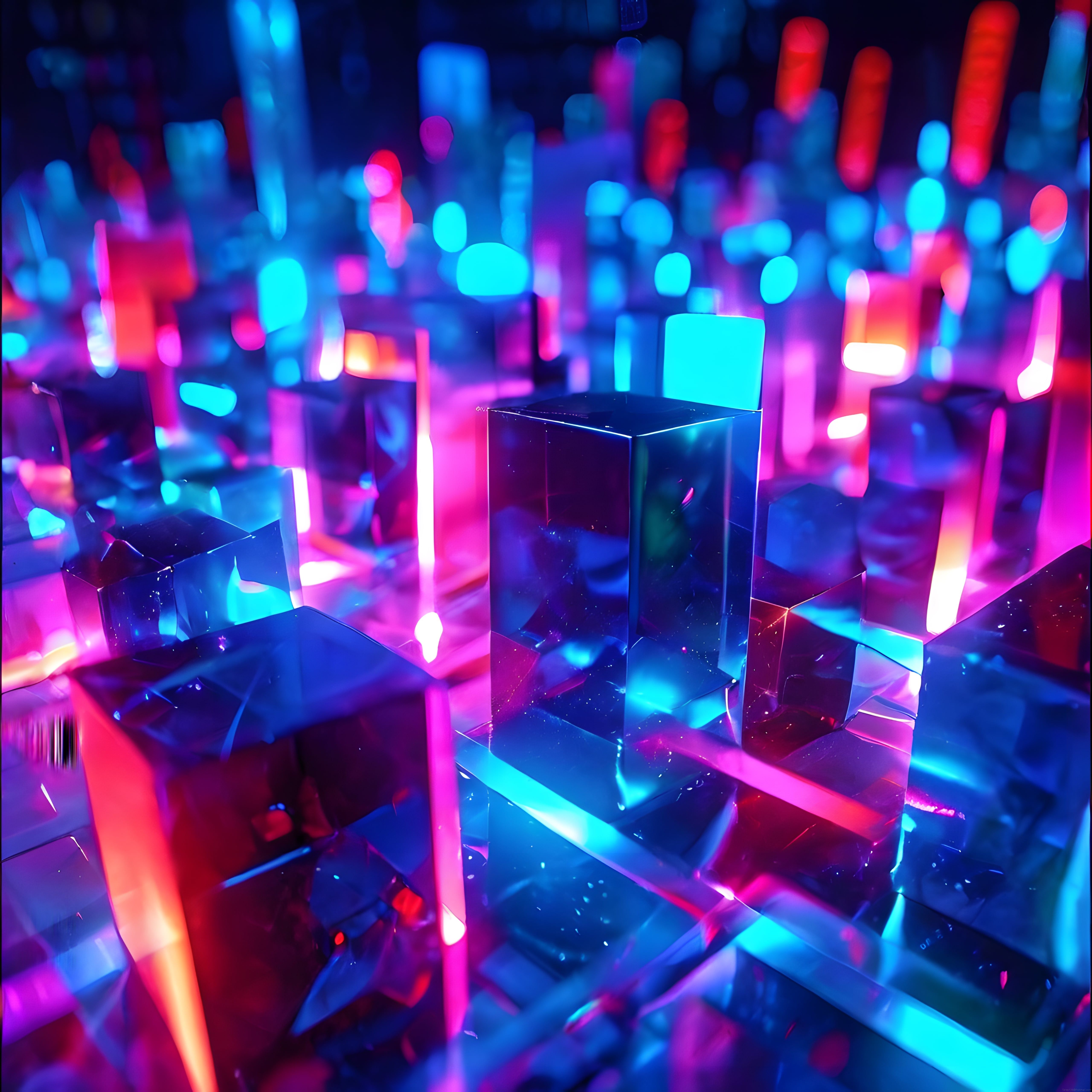 Neon Işıklı Soyut Kristal Küpler ve Cam Geometrik Şekiller Dijital Sanat