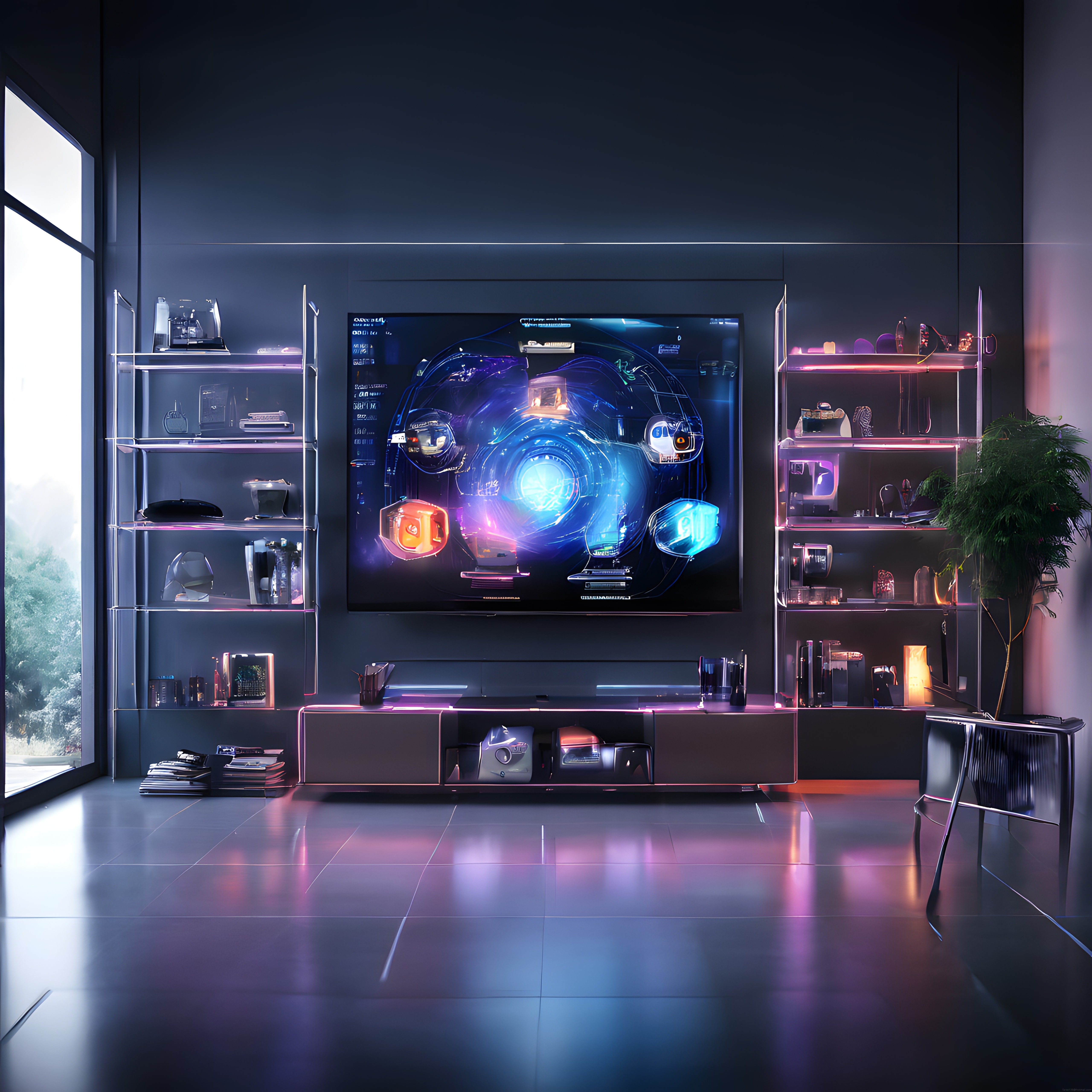 Neon Işıklı Ultra Modern Eğlence ve Oyun Odası: Geleceğin Teknolojik Yaşam Alanı