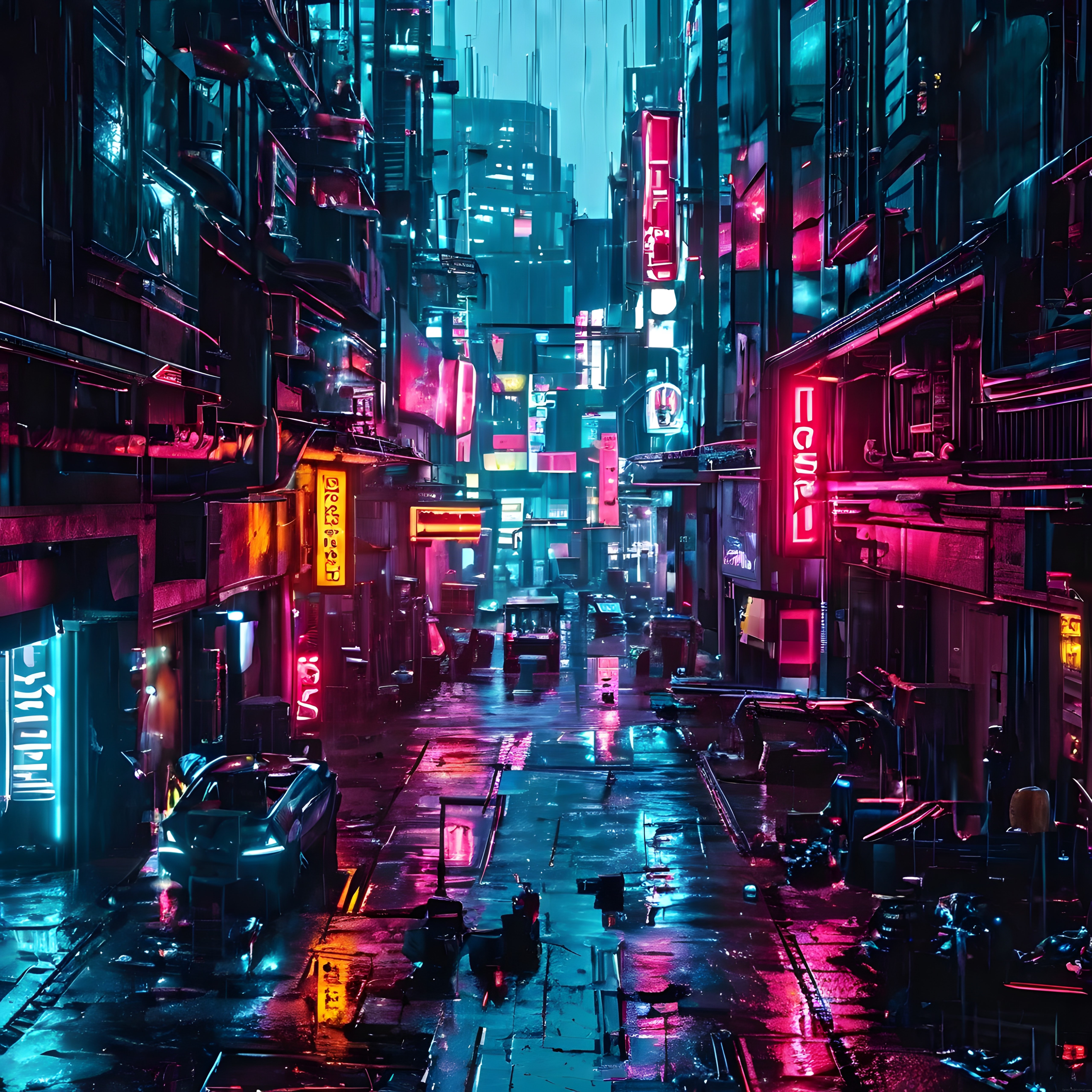 Neon Işıklı Yağmurlu Bir Gece Cyberpunk Şehrin Dar ve Gizemli Sokağı