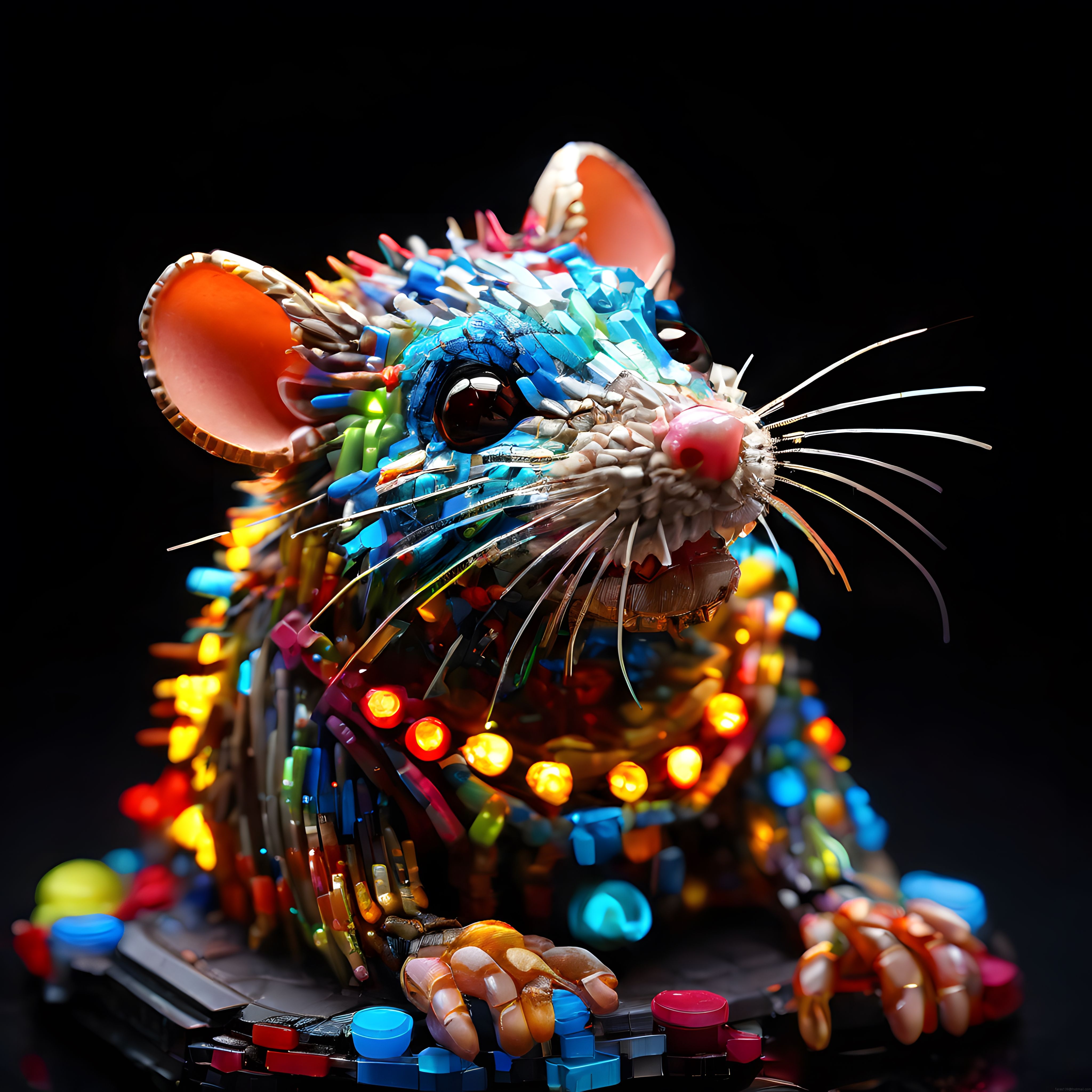 Neon Işıklı Yapı Taşı Parçalarından Oluşturulmuş Cyberpunk Kedi Heykeli