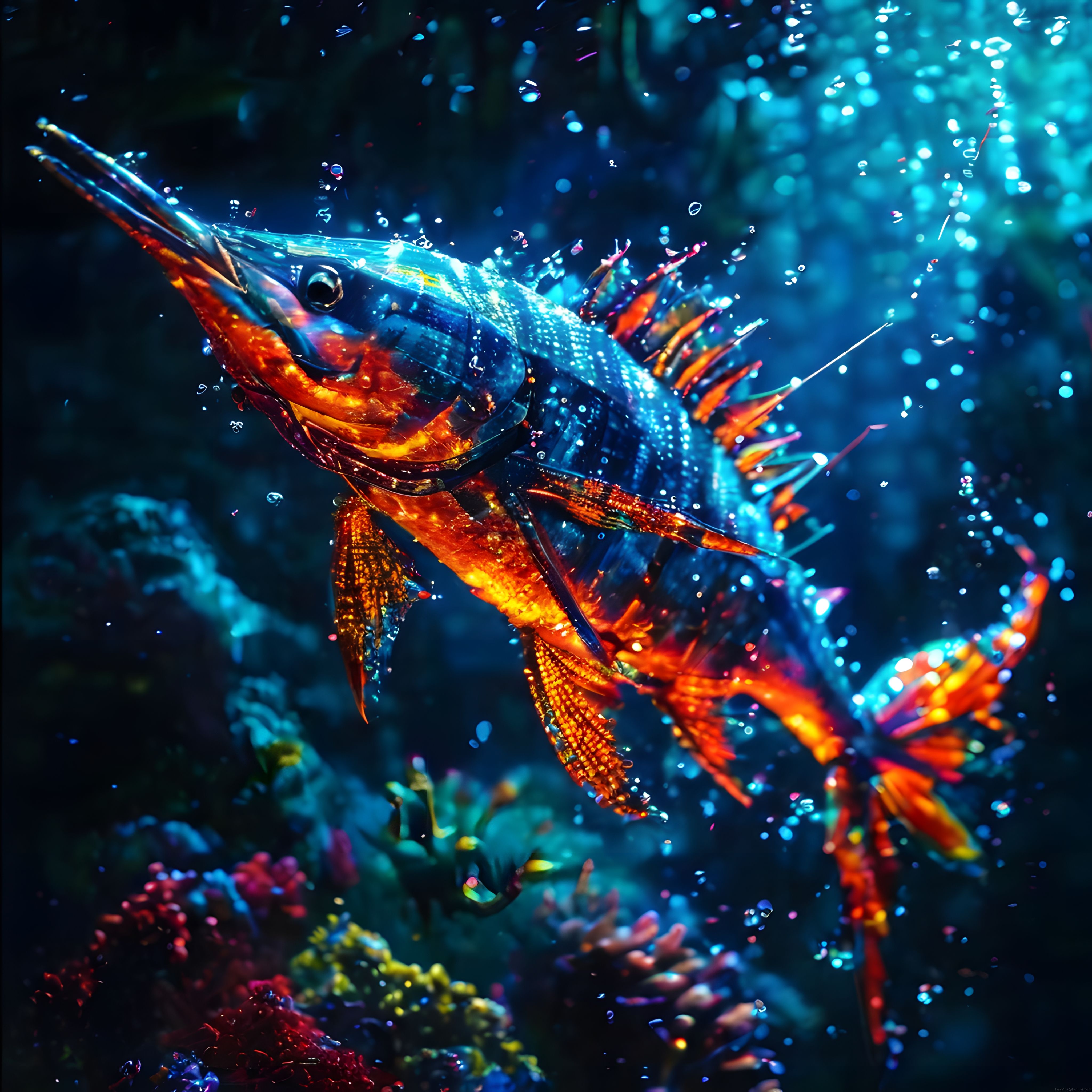 Neon Işıltılı Fantastik Balık Heykeli ve Sualtı Dijital Sanat Eseri