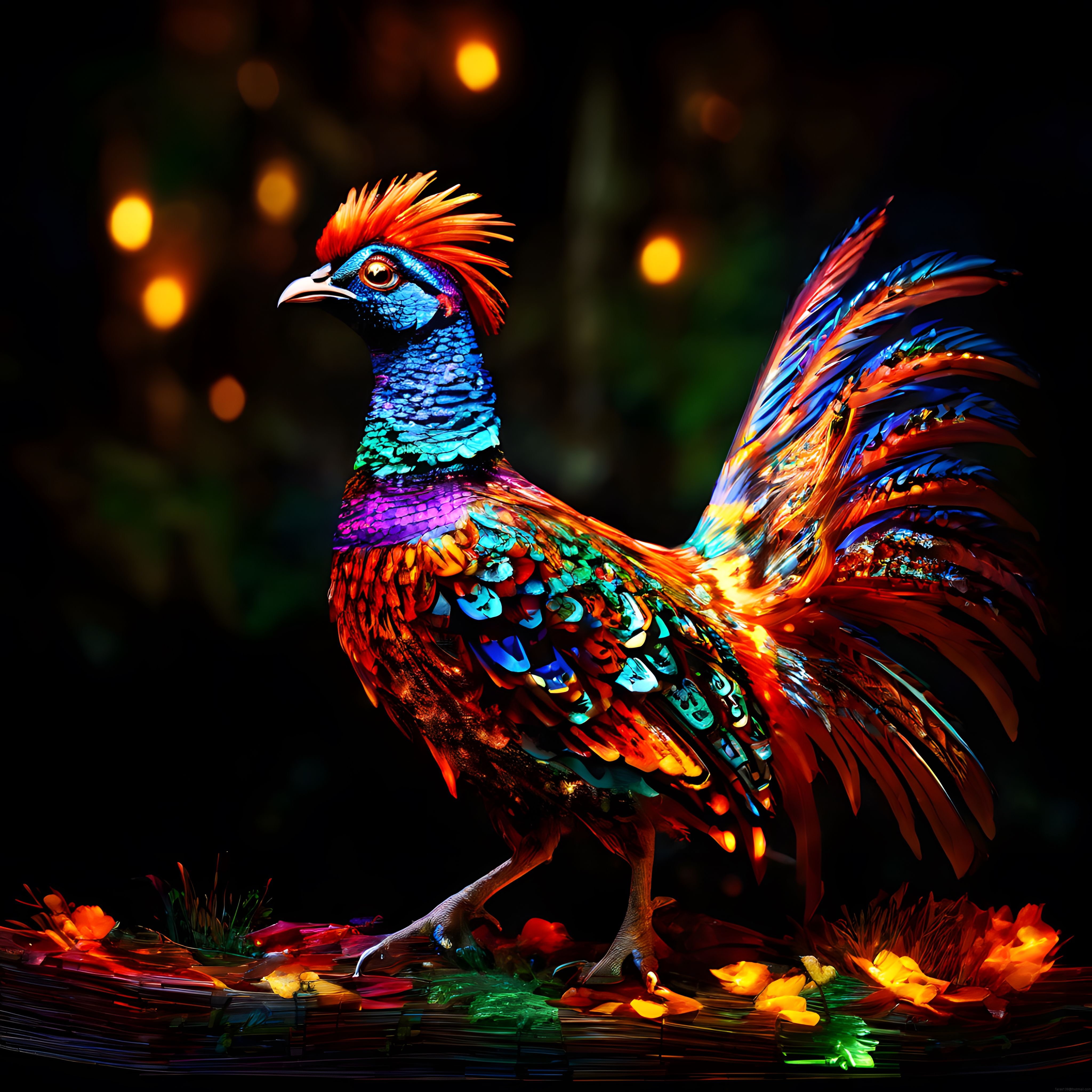 Neon Işıltılı Fantastik Kuşun Dijital Sanat Eseri ve Gizemli Atmosferi