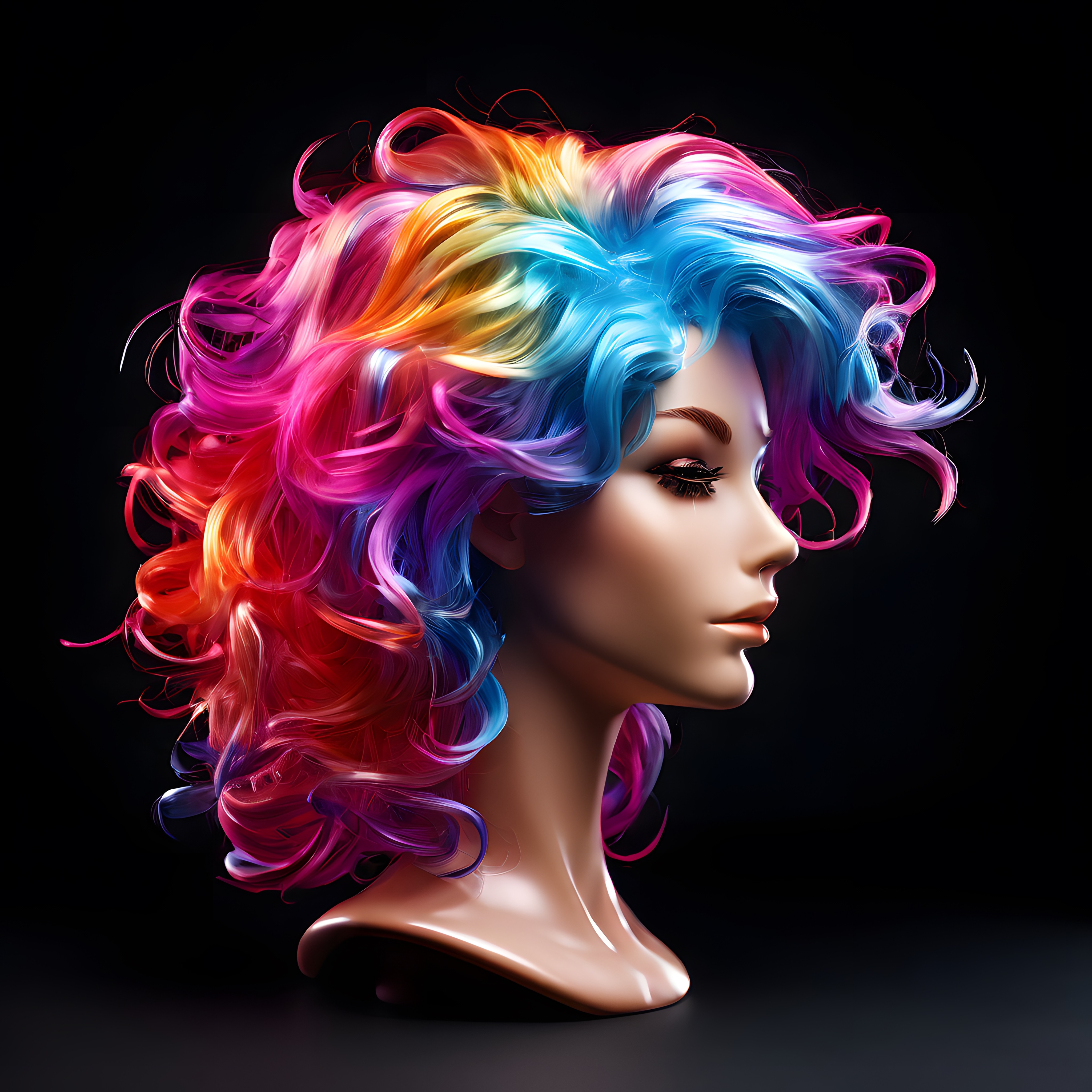 Neon Işıltılı Gökkuşağı Bukleleriyle Fantastik Dijital Kadın Portresi