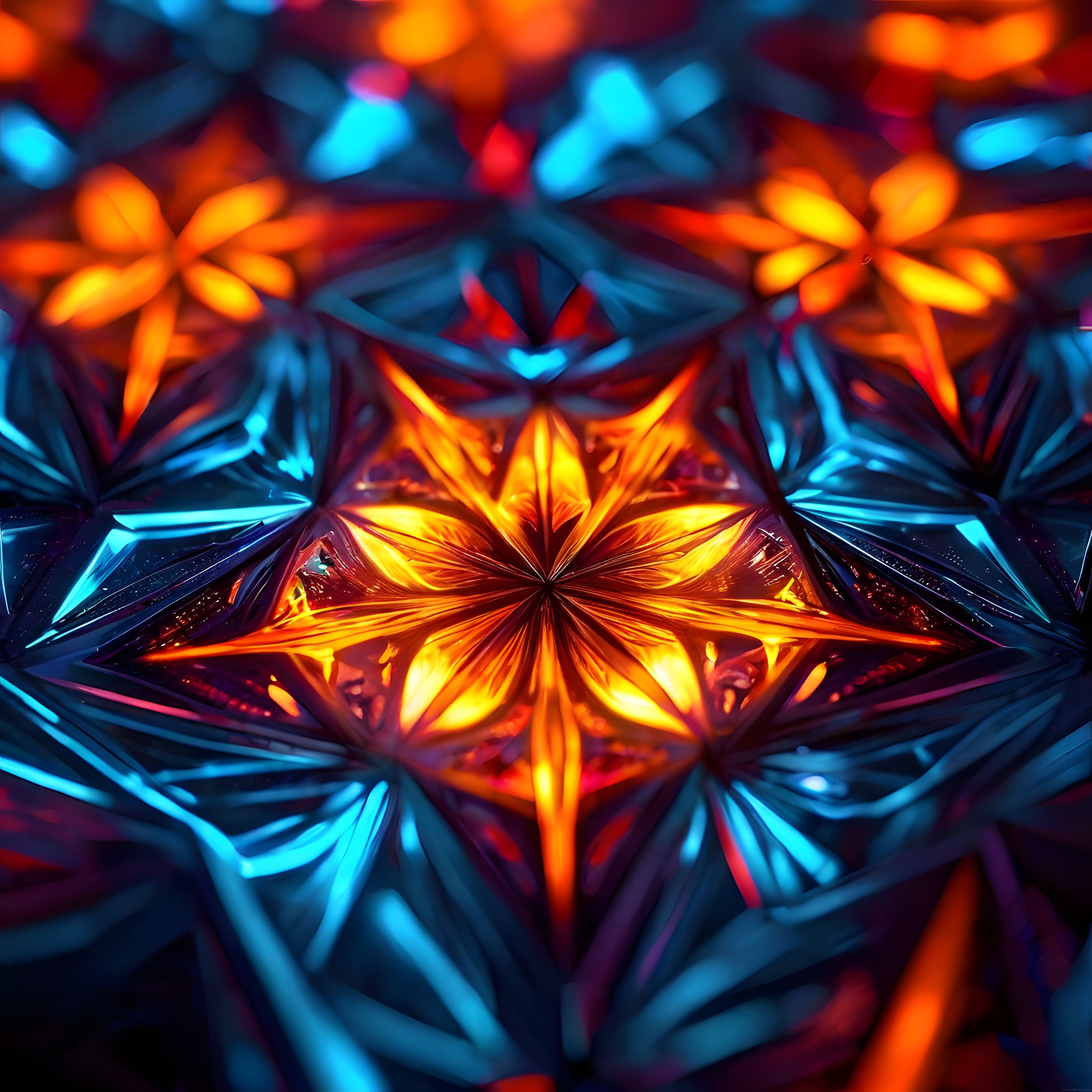 Neon Işıltılı Kristal Mandala: Turuncu ve Buz Mavisi Simetrik Dijital Sanat