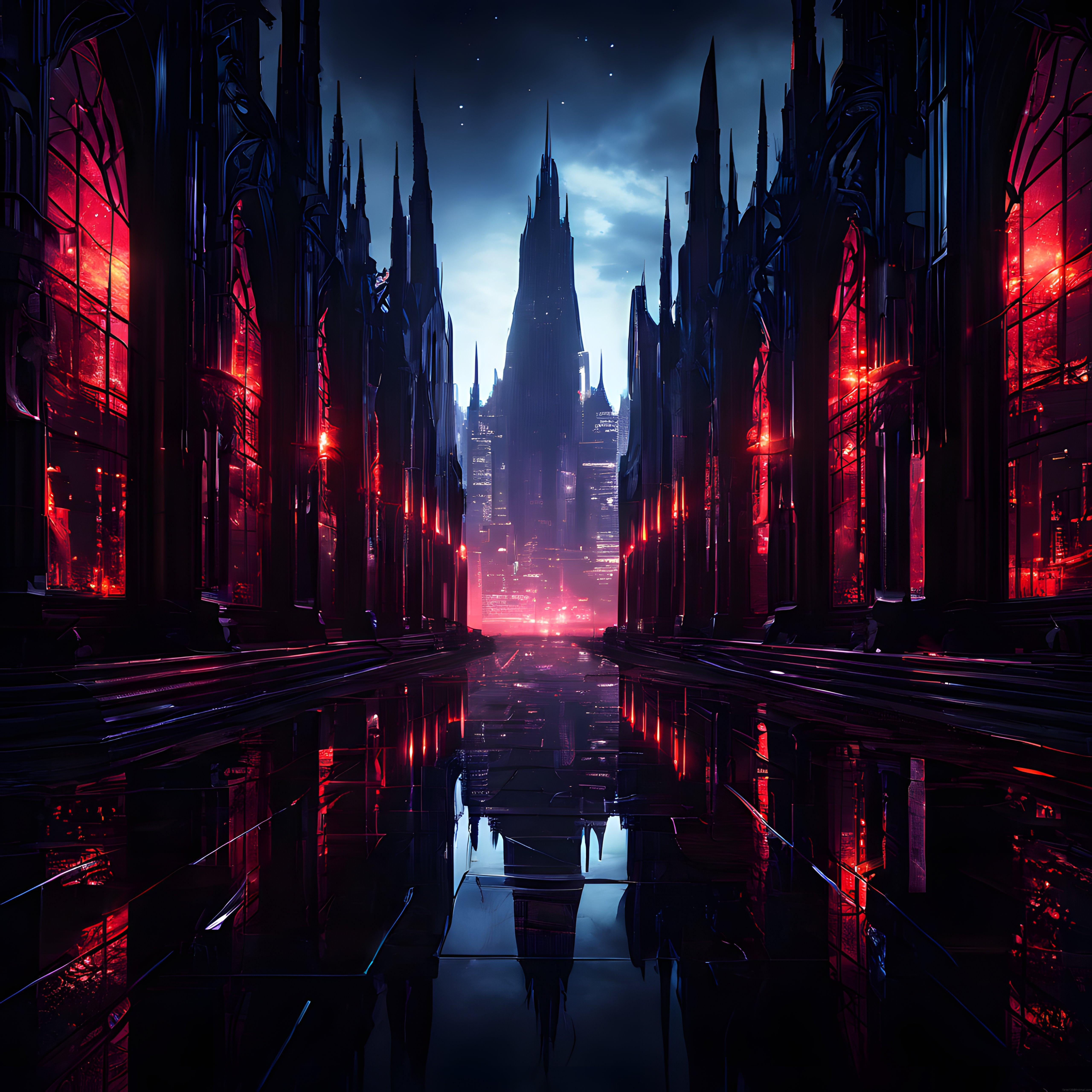 Neon Kırmızıyla Aydınlanan Gizemli Cyberpunk Şehir ve Islak Yoldaki Yansımalar