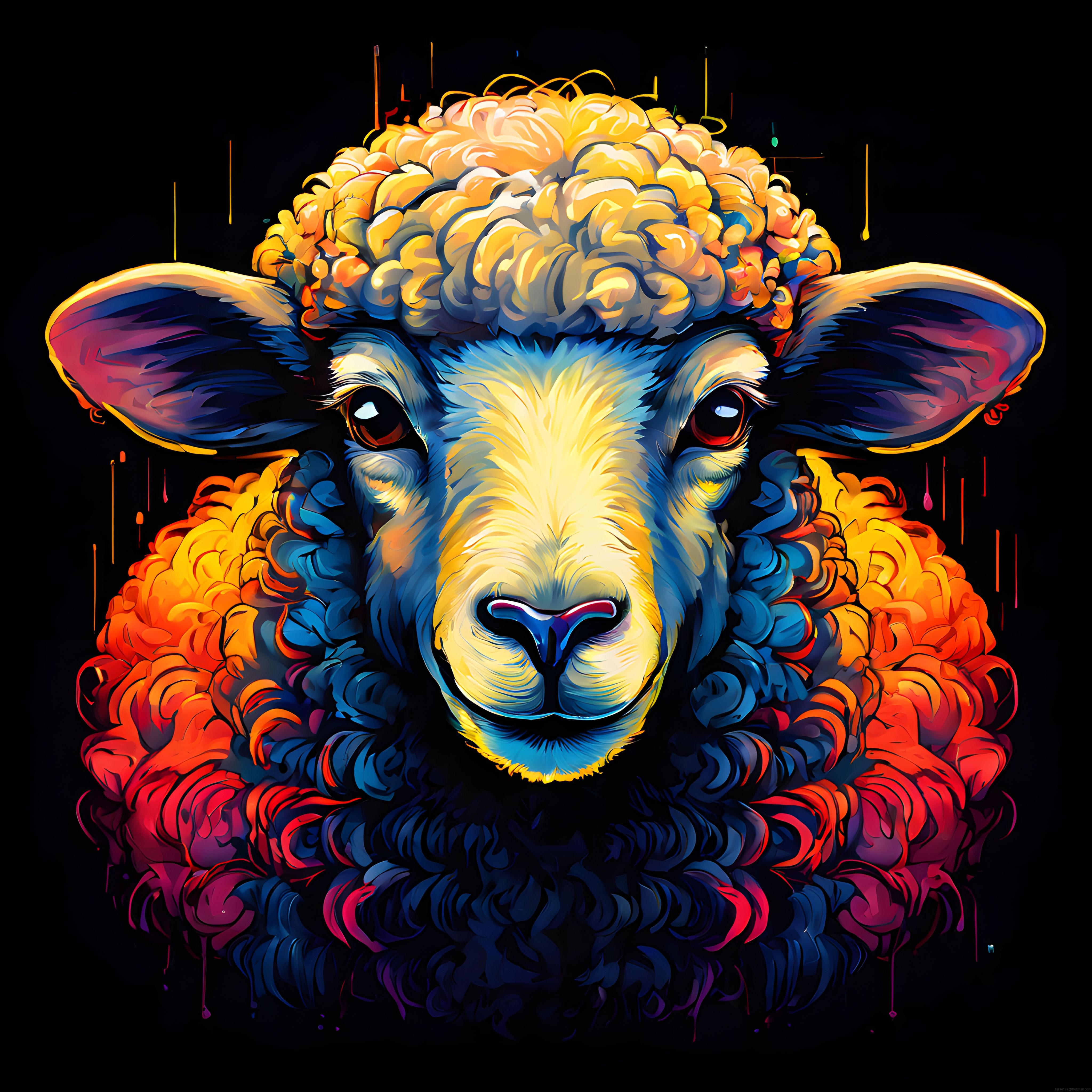 Neon Koyun Portresi: Karanlık Zeminde Parlak Renkler ve Dijital Pop Art Stili