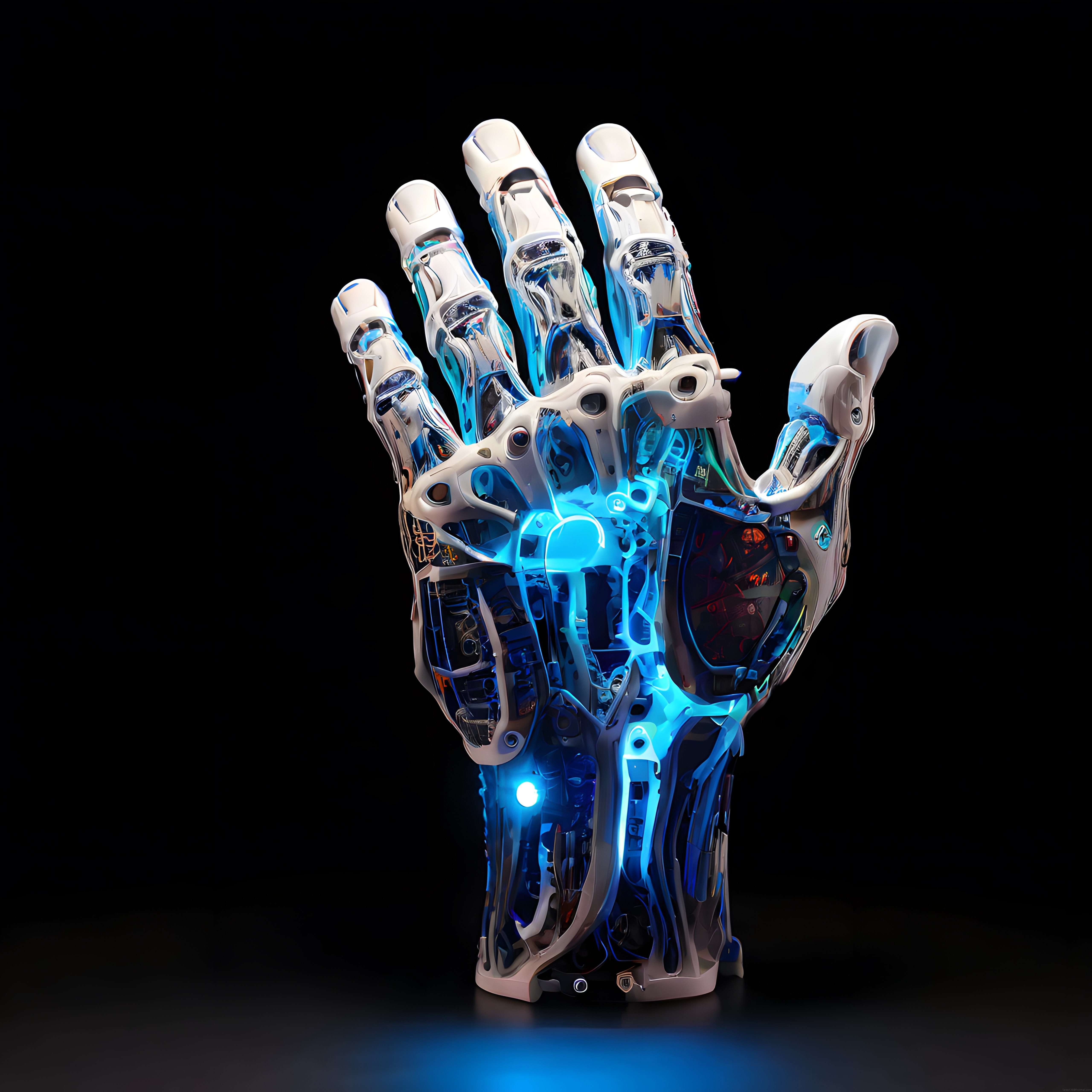 Neon Mavi Işıklı Beyaz Robot El: Transparan Gelecek Protezi Tasarımı