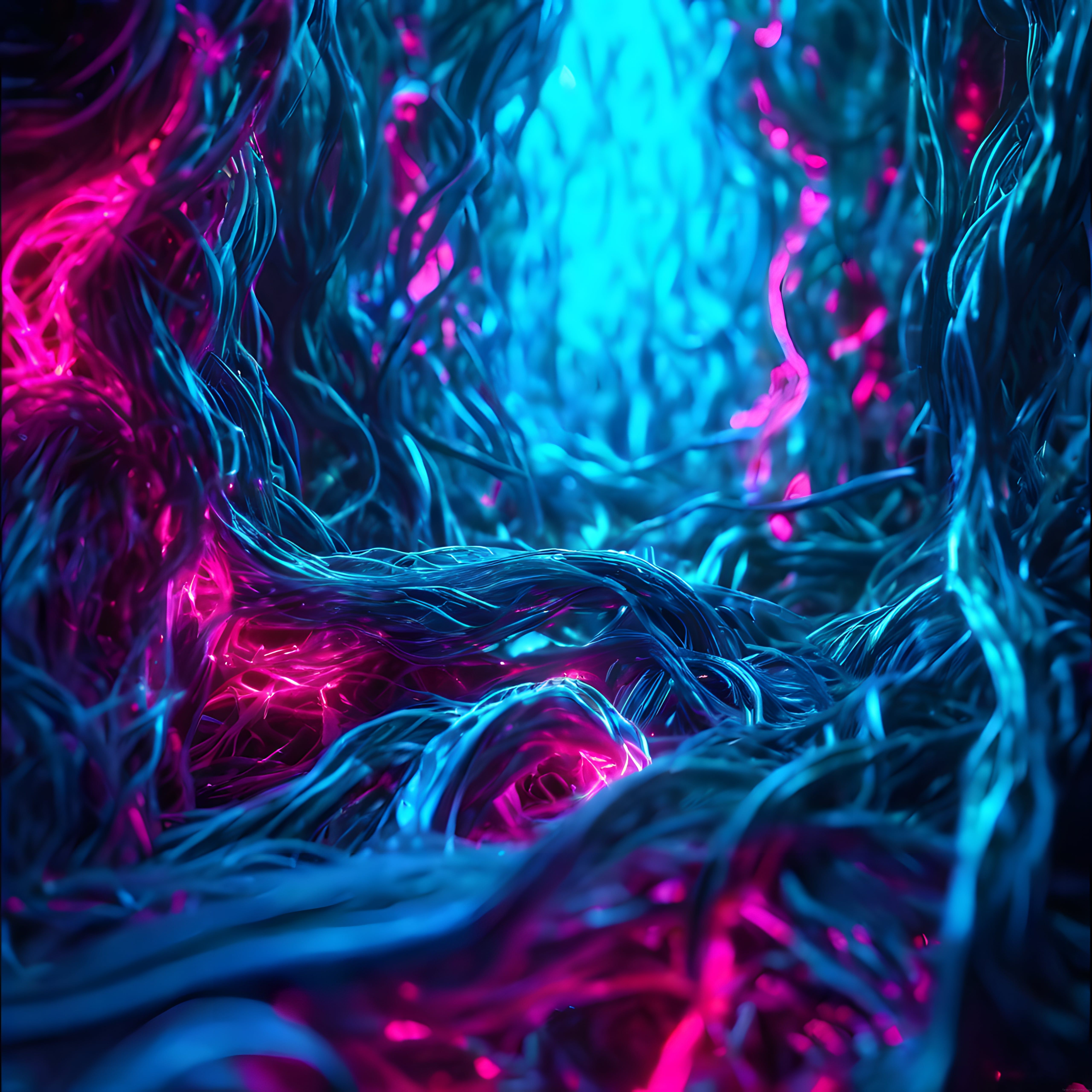 Neon Mavi ve Pembe Işıklı Gizemli Soyut Dijital Orman Manzarası