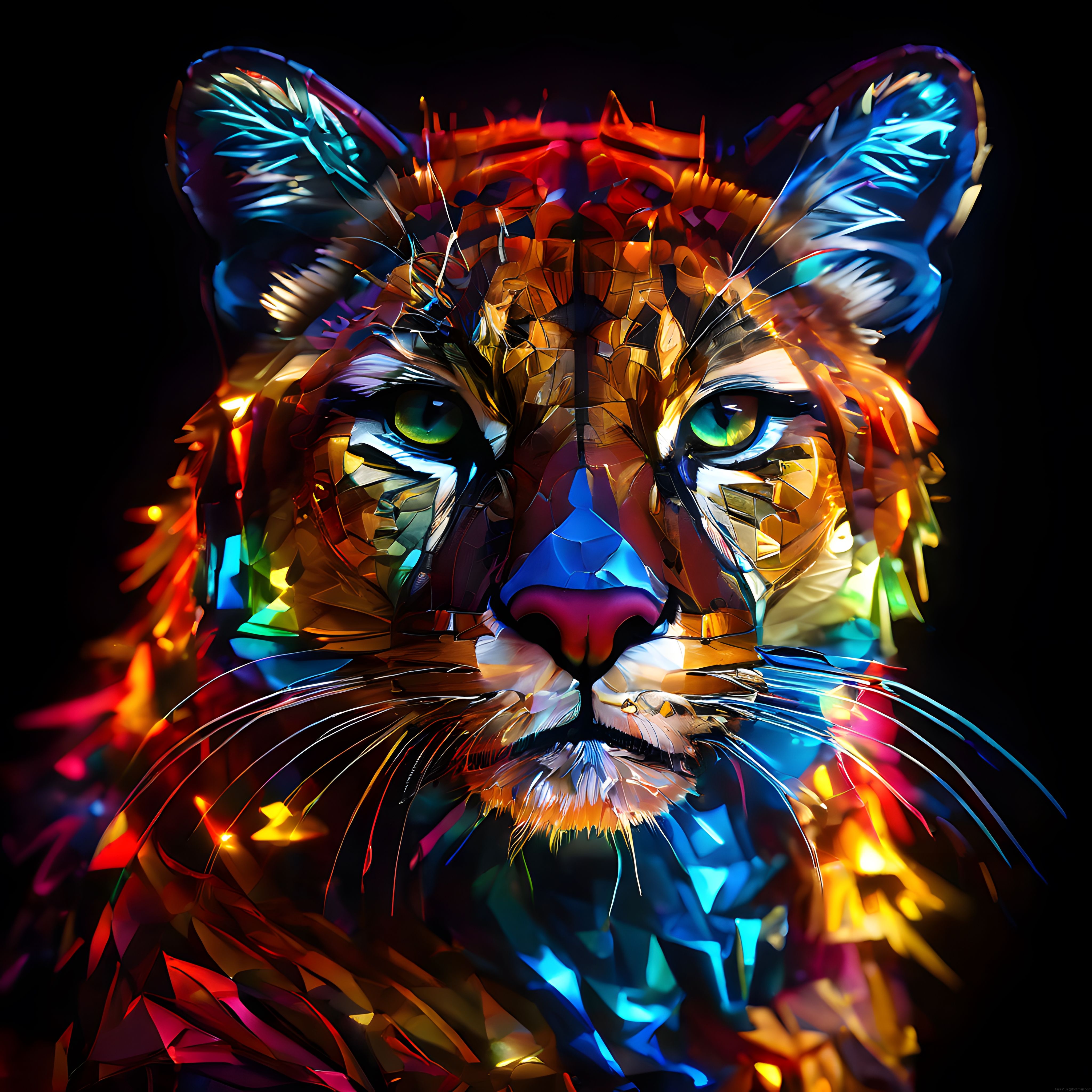 Neon Mozaik Kedi Portresi: Siyah Arka Planlı Dijital Sanat ve Renkli Tasarım