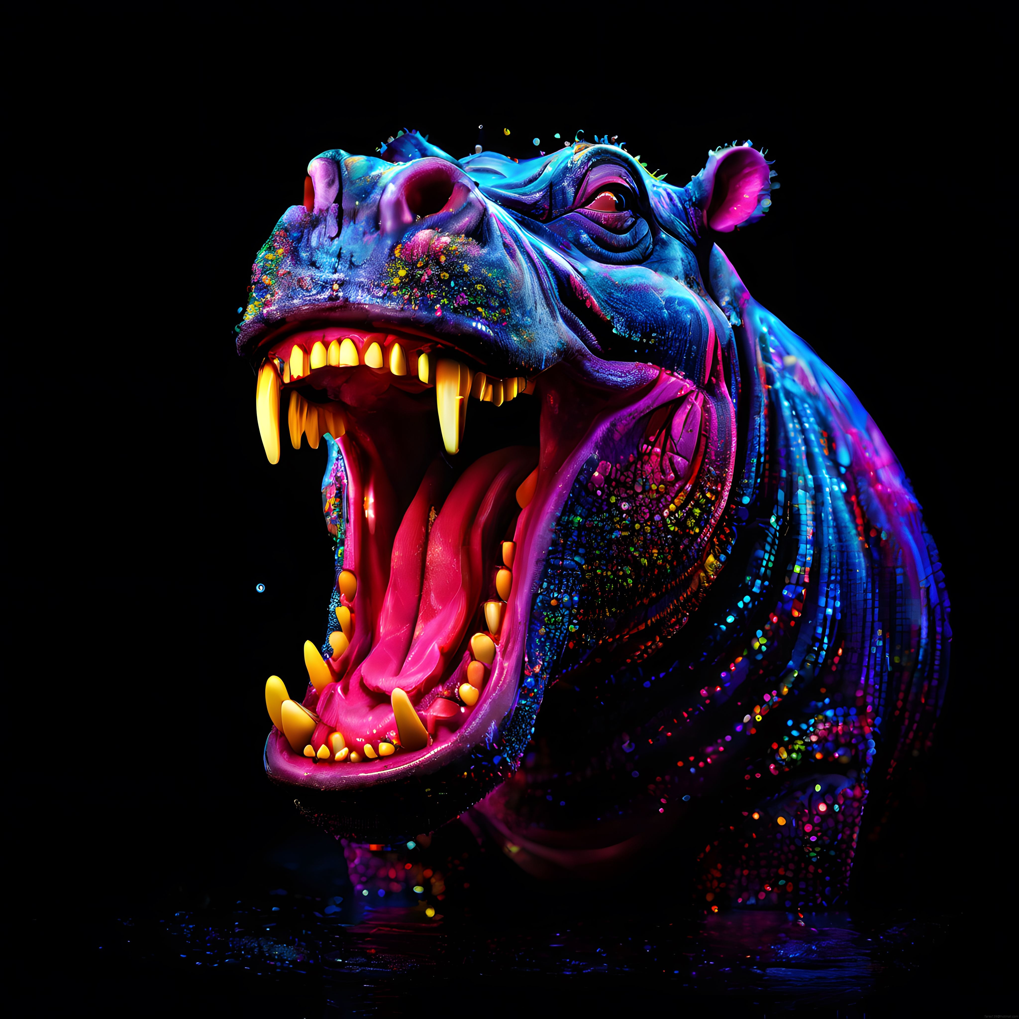Neon Parıltılı Su Aygırı: Karanlık Fonda Etkileyici Dijital Sanat Portresi